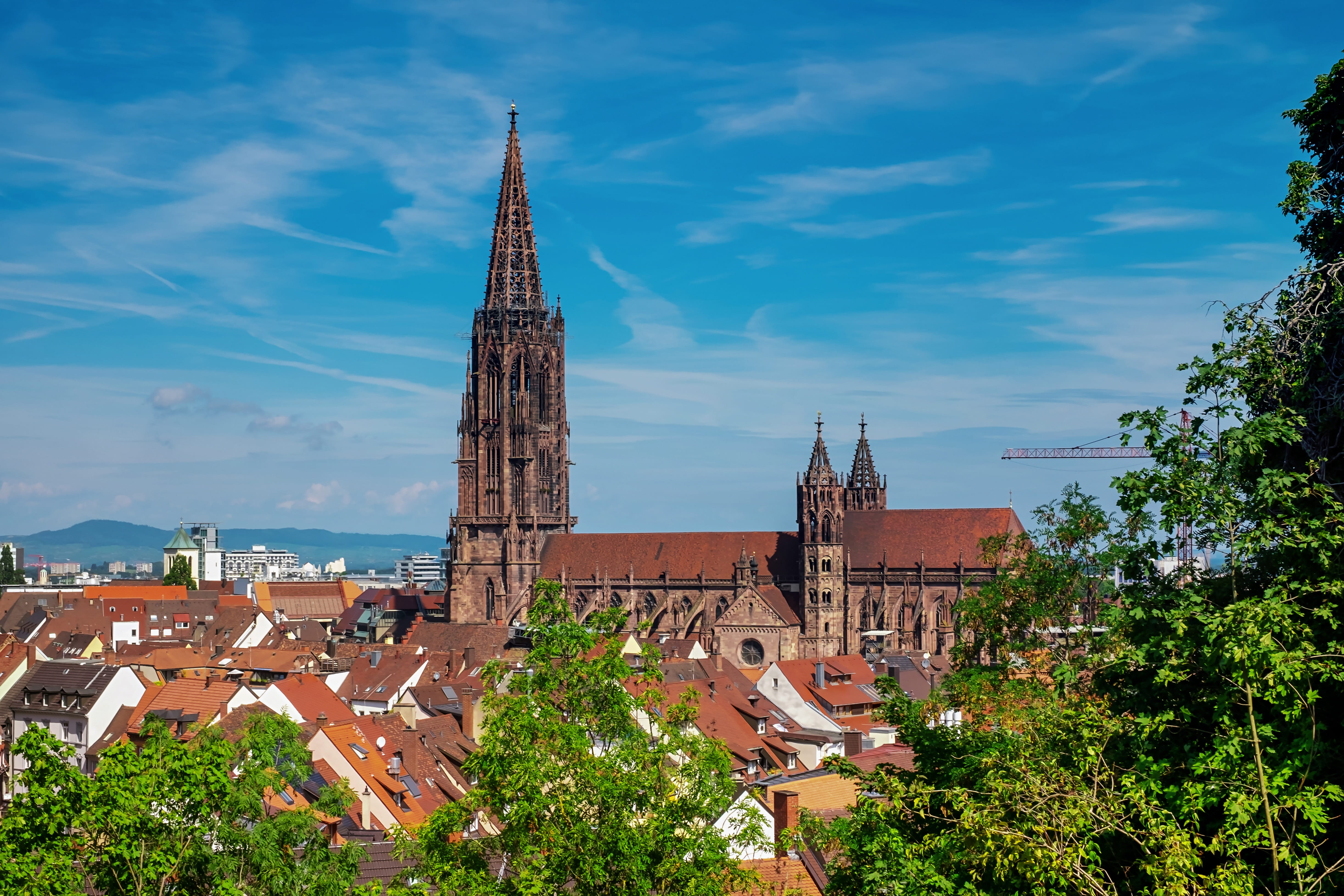 outdoors, nature, freiburg, cityscape, freiburger minster, spirituality, no people, roofs, architecture, built structure, outlook, religion, houses, building exterior, HD Wallpaper