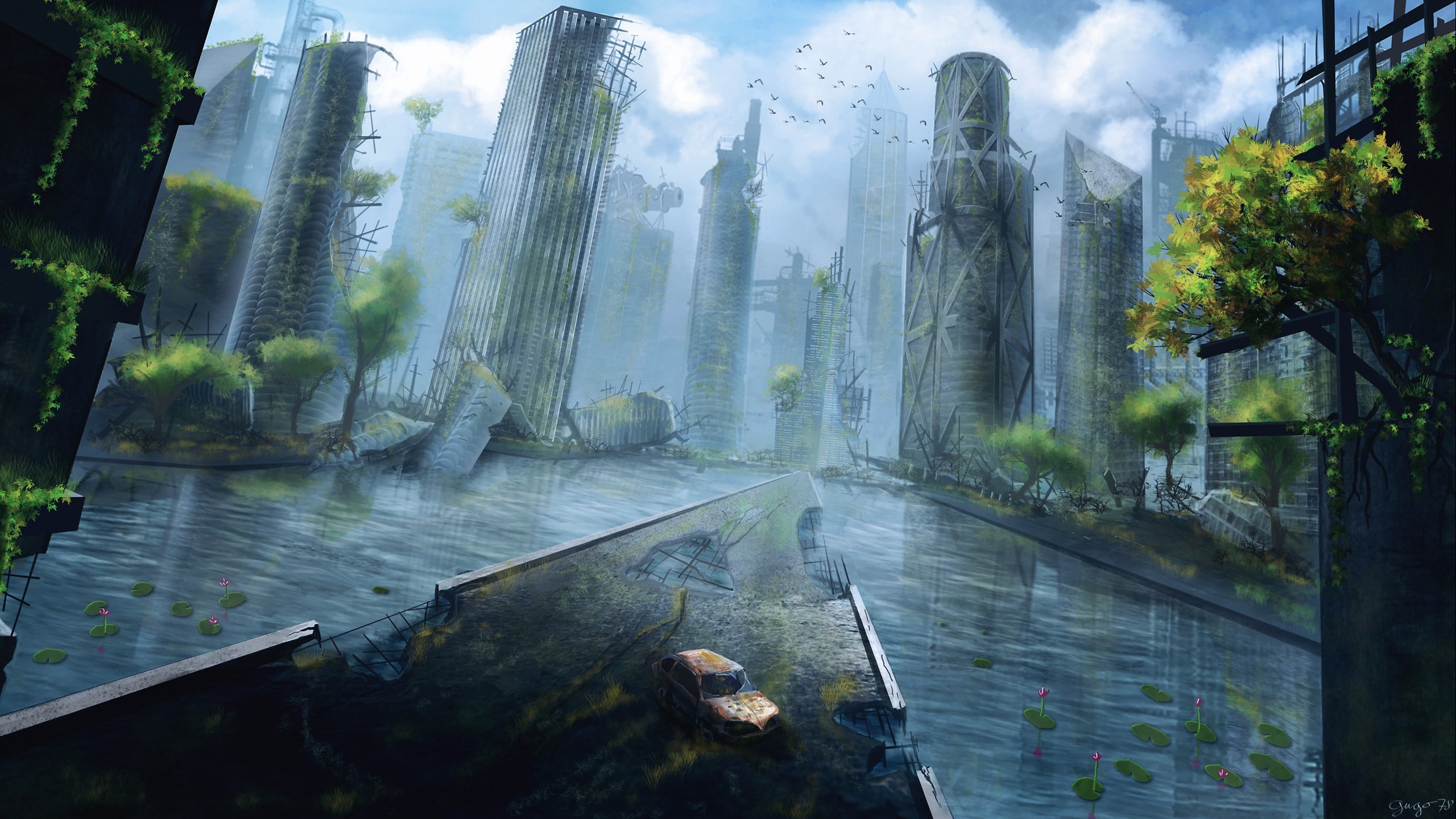 animal, apocalyptic, scenics - nature, plant, one animal, beauty in nature, long exposure, no people, city, architecture, flowing water, waterfall, artwork, HD Wallpaper