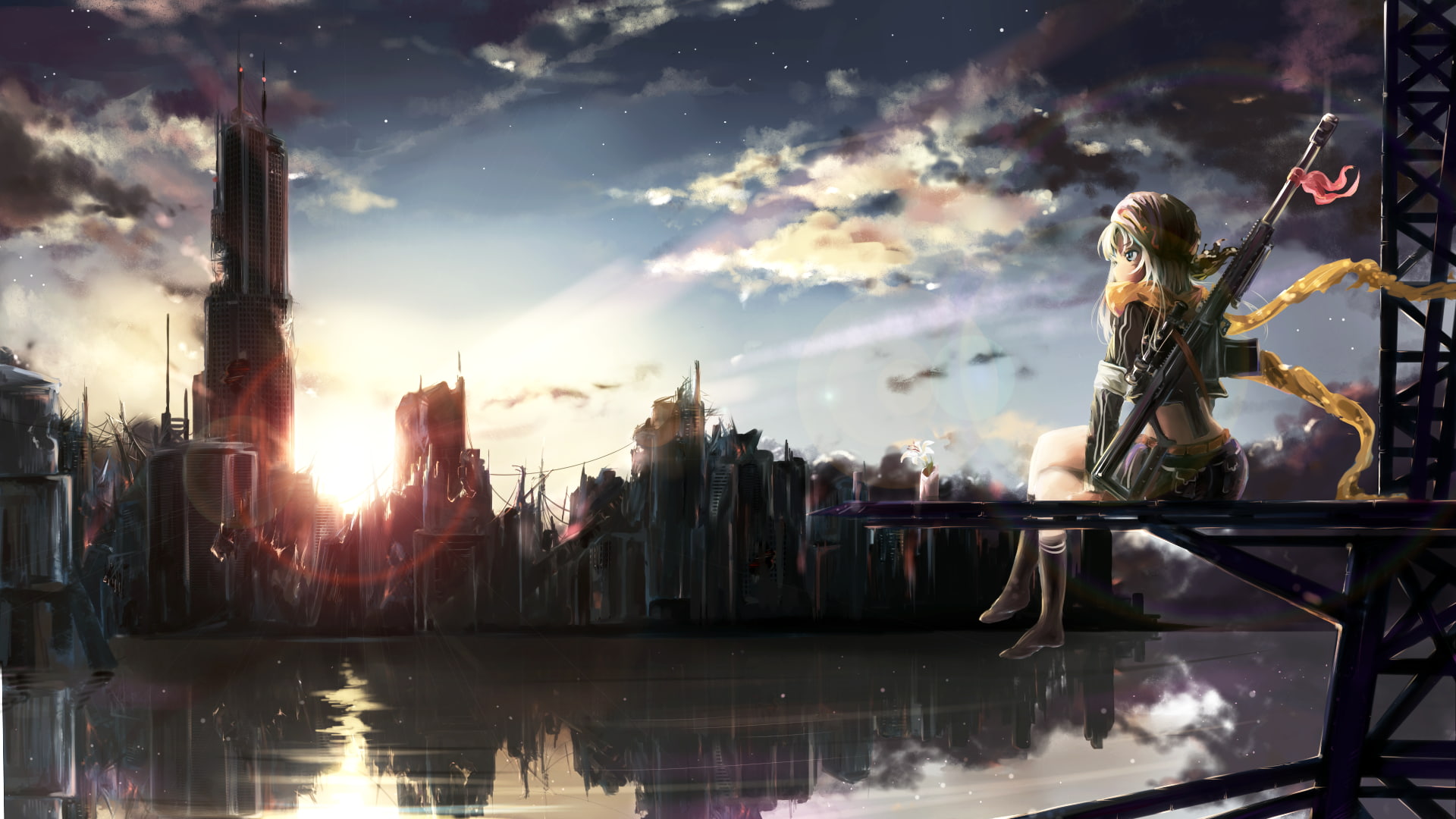 artwork, reflection, city, apocalyptic, rifles, anime, 1080P, ruin, weapon, HD Wallpaper