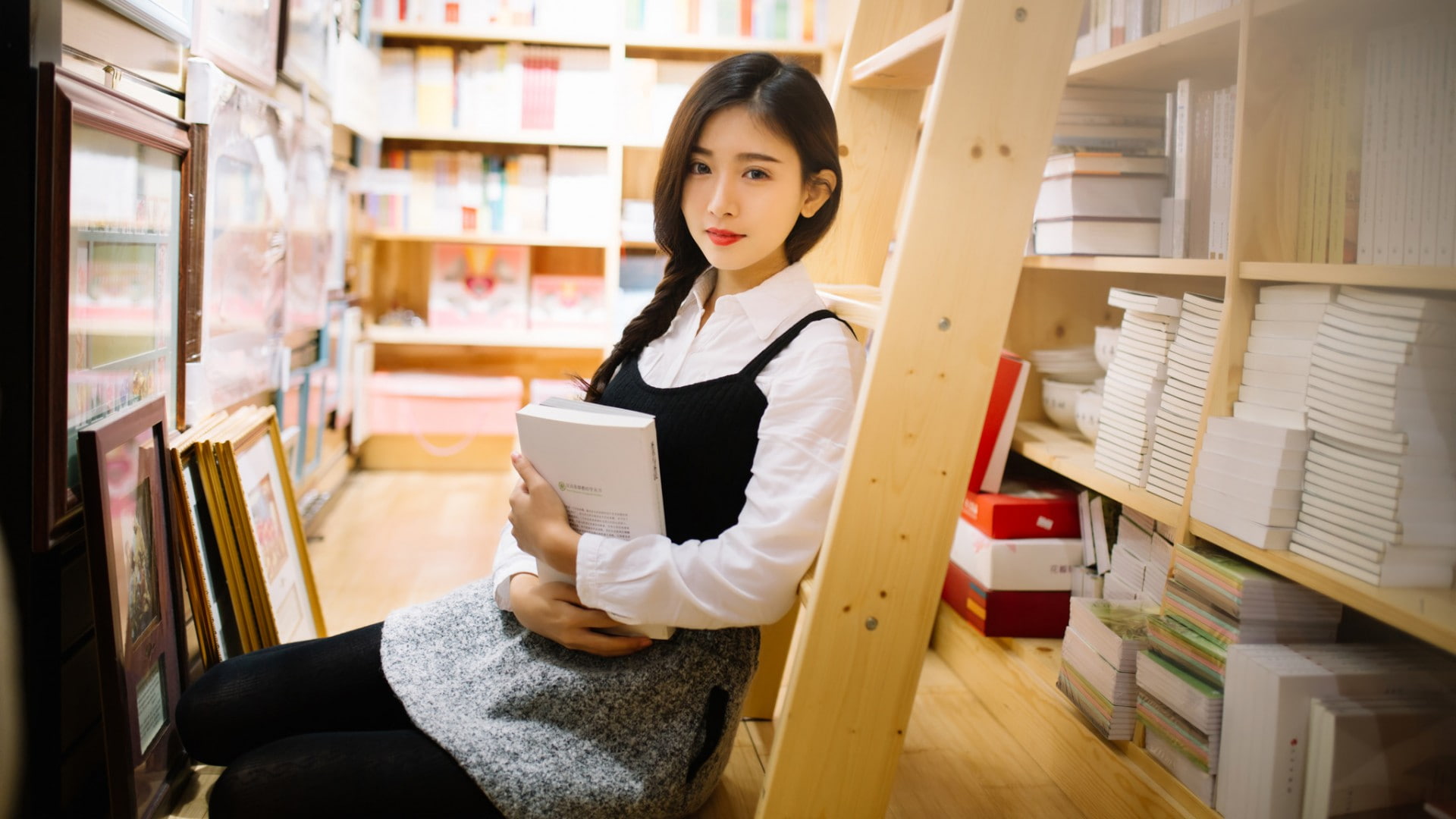 Asian, white shirt, 1080P, red lipstick, photography, brunette, women, model, braids, library, bookshelves, books, HD Wallpaper