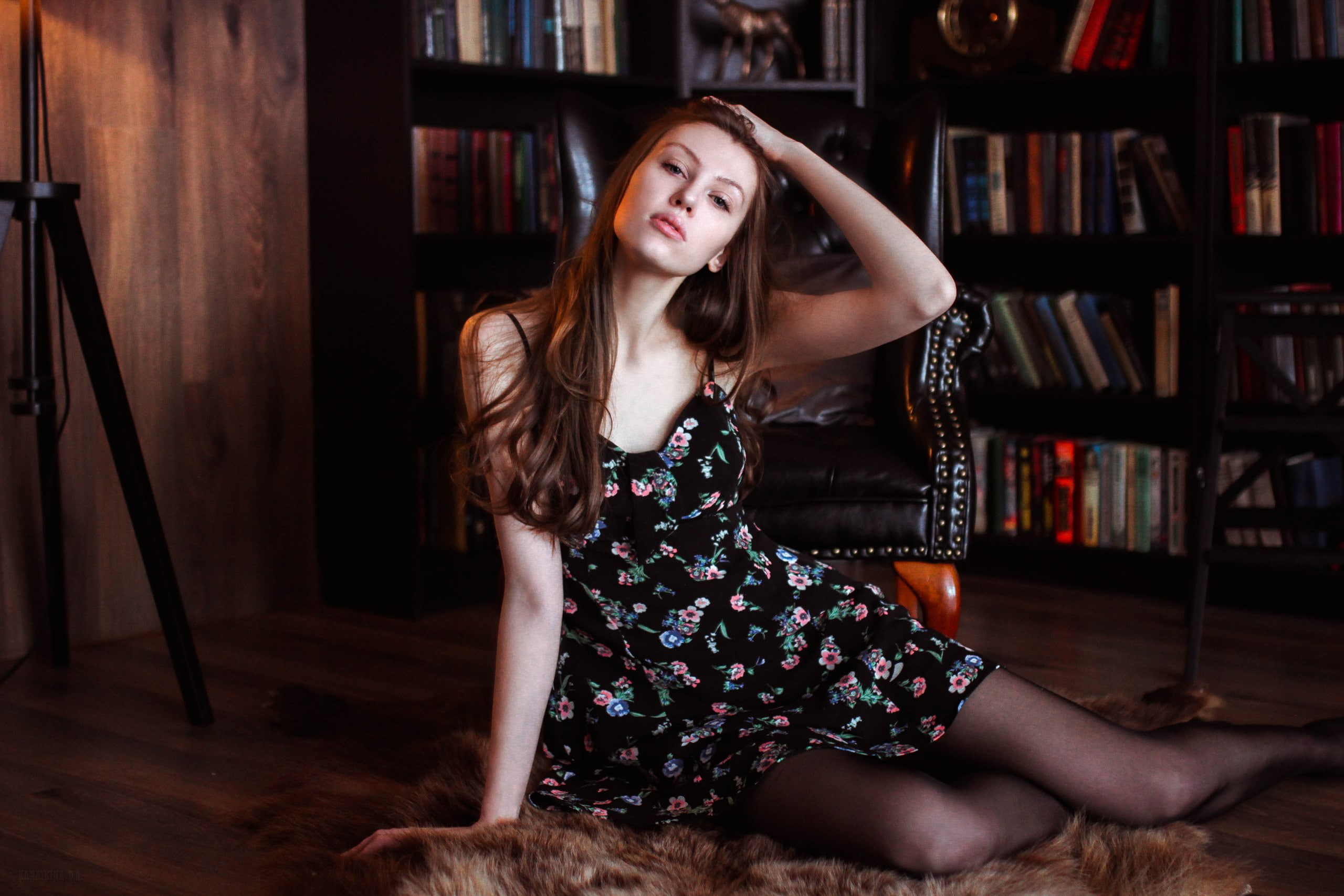 brown hair, shelf, books, one person, model, hand in hair, long hair, young women, hair, portrait, bookshelf, young adult, women, adult, on the floor, indoors, HD Wallpaper