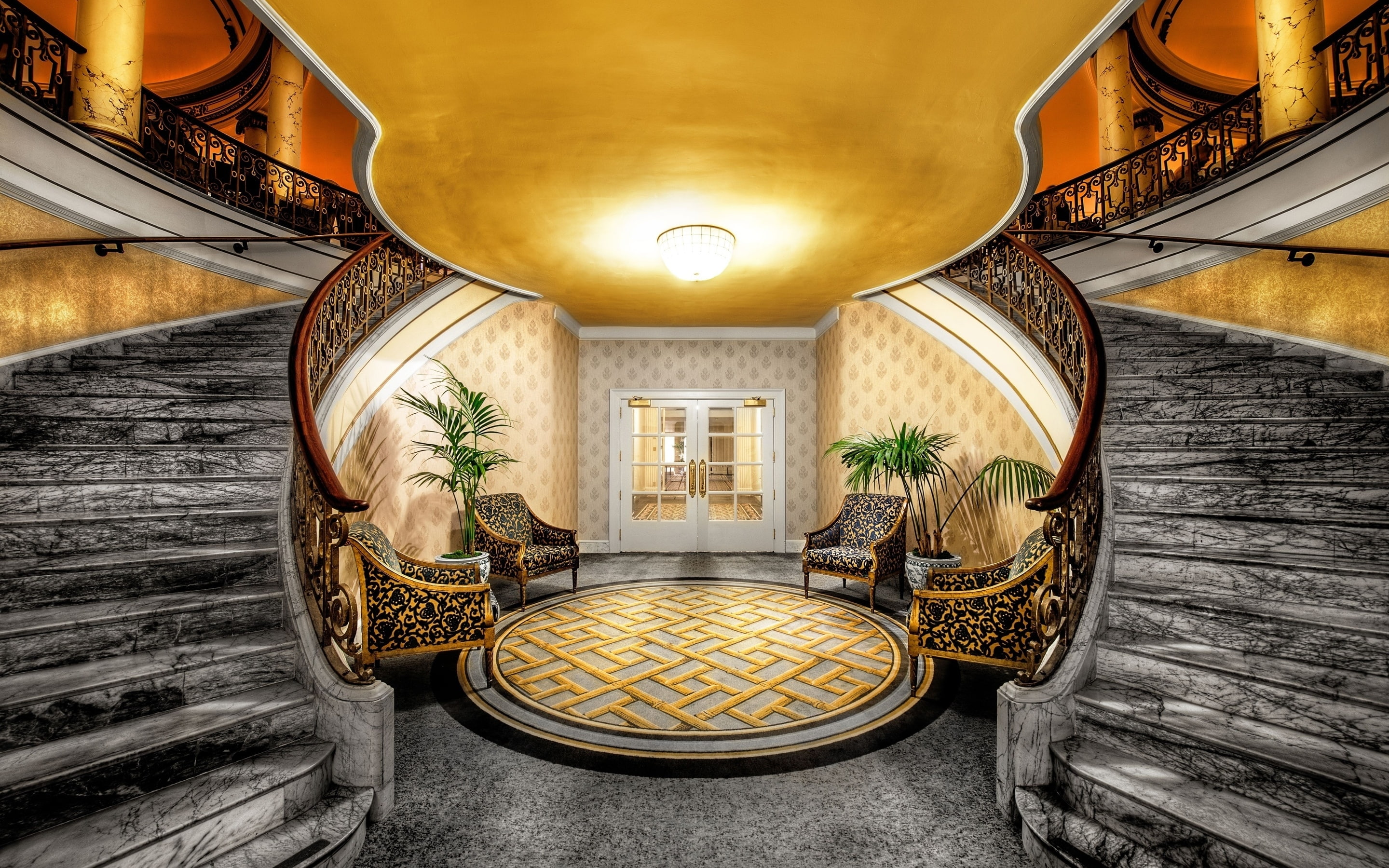 lighting, stairs, chairs, hall, interior, doors, columns, marble, 2K, carpet, HD Wallpaper