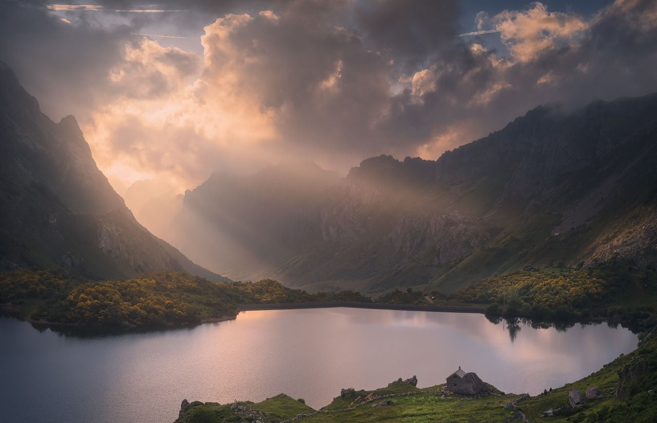 sunset, stone house, fall, body, cloud - sky, Spain, nature, forest, water, mountain range, photography, mountain, non-urban scene, no people, tranquility, HD Wallpaper