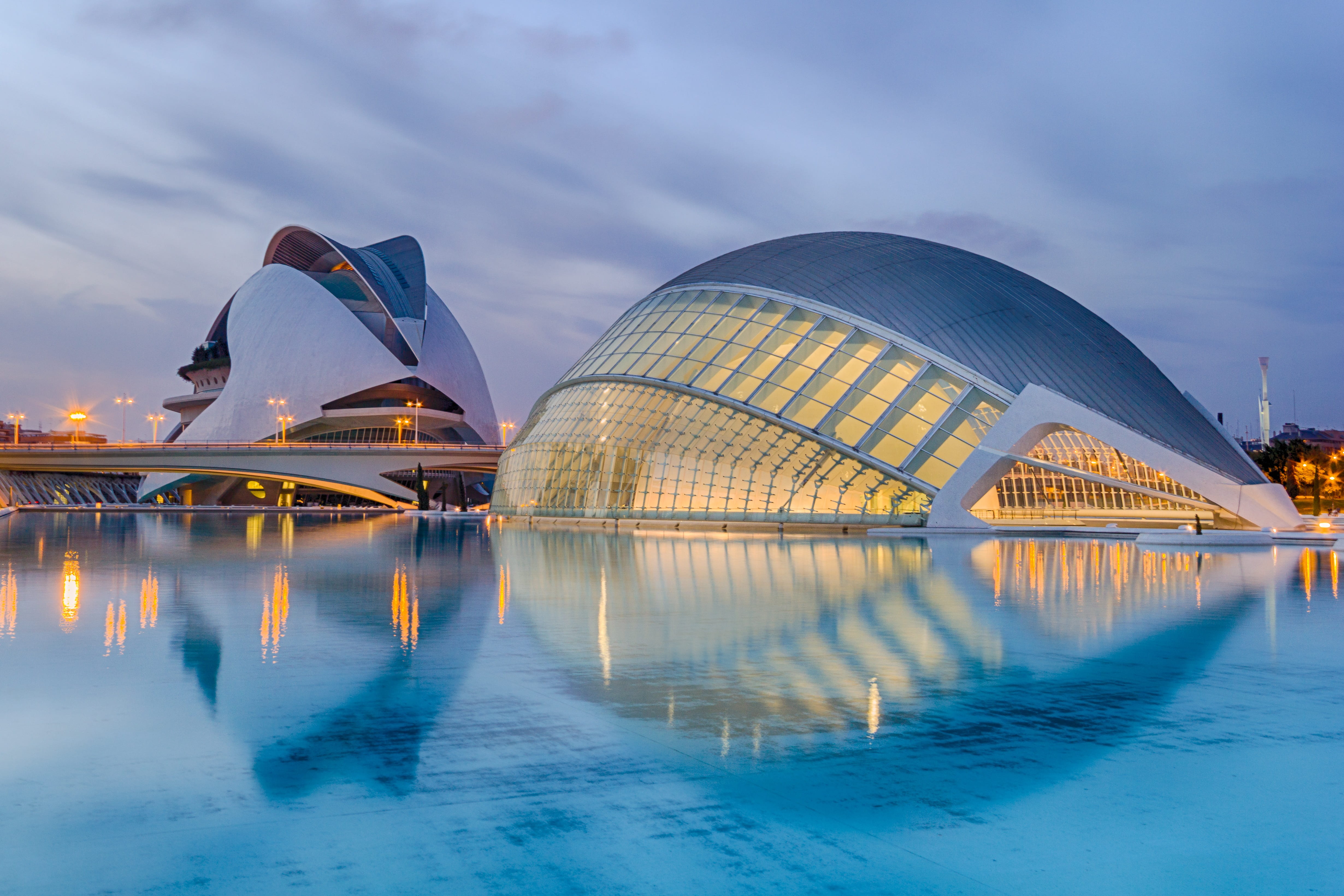 modernity, building exterior, water, shaped, outdoors, structure, travel destinations, surrounded, cityscape, illuminated, white, sky, valencia, travel, HD Wallpaper
