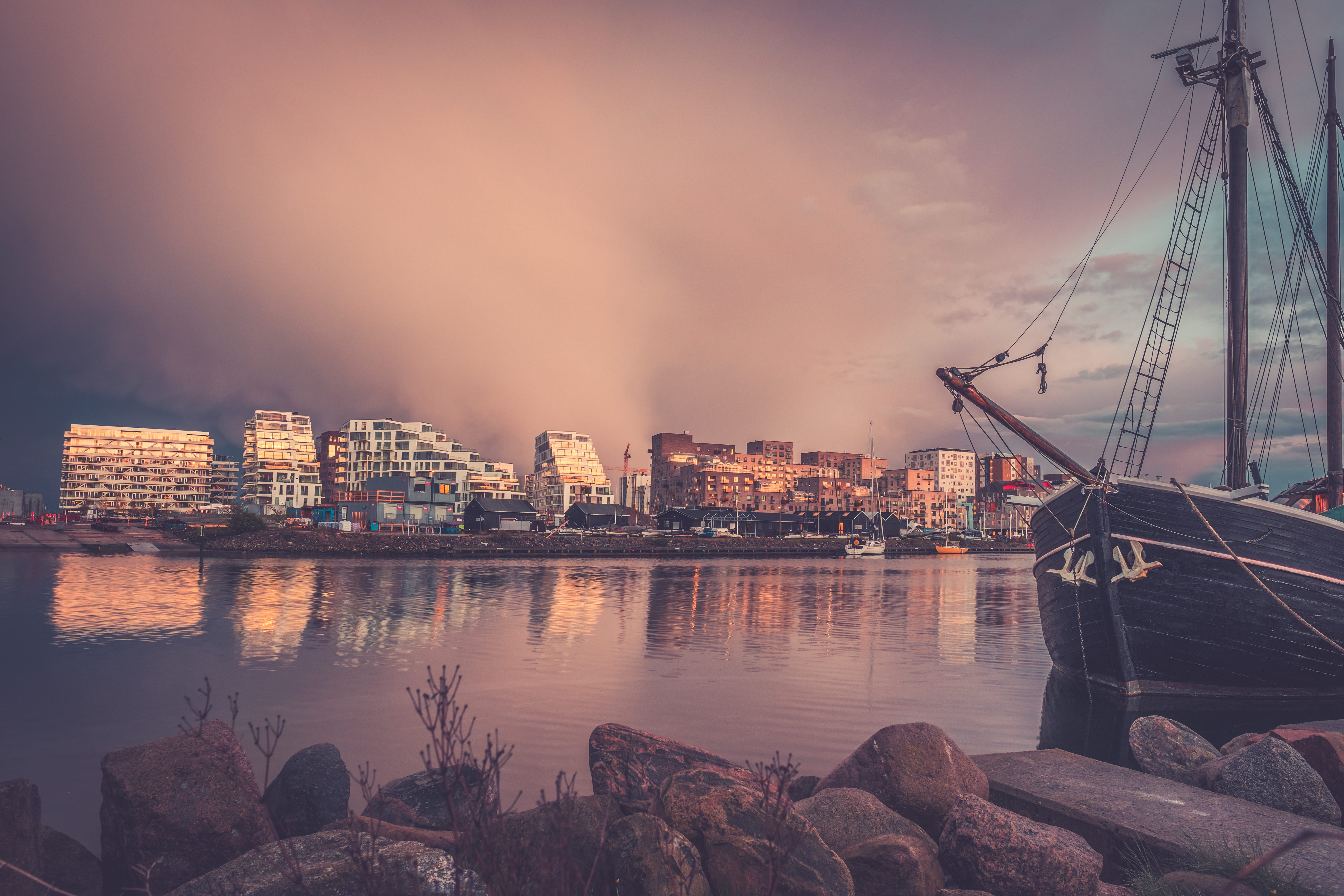 colour, architecture, denmark, river, 5K, sunset, outdoors, aarhus n, no people, reflection, illuminated, ship, cityscape, water, harbor, aarhus, marine, HD Wallpaper