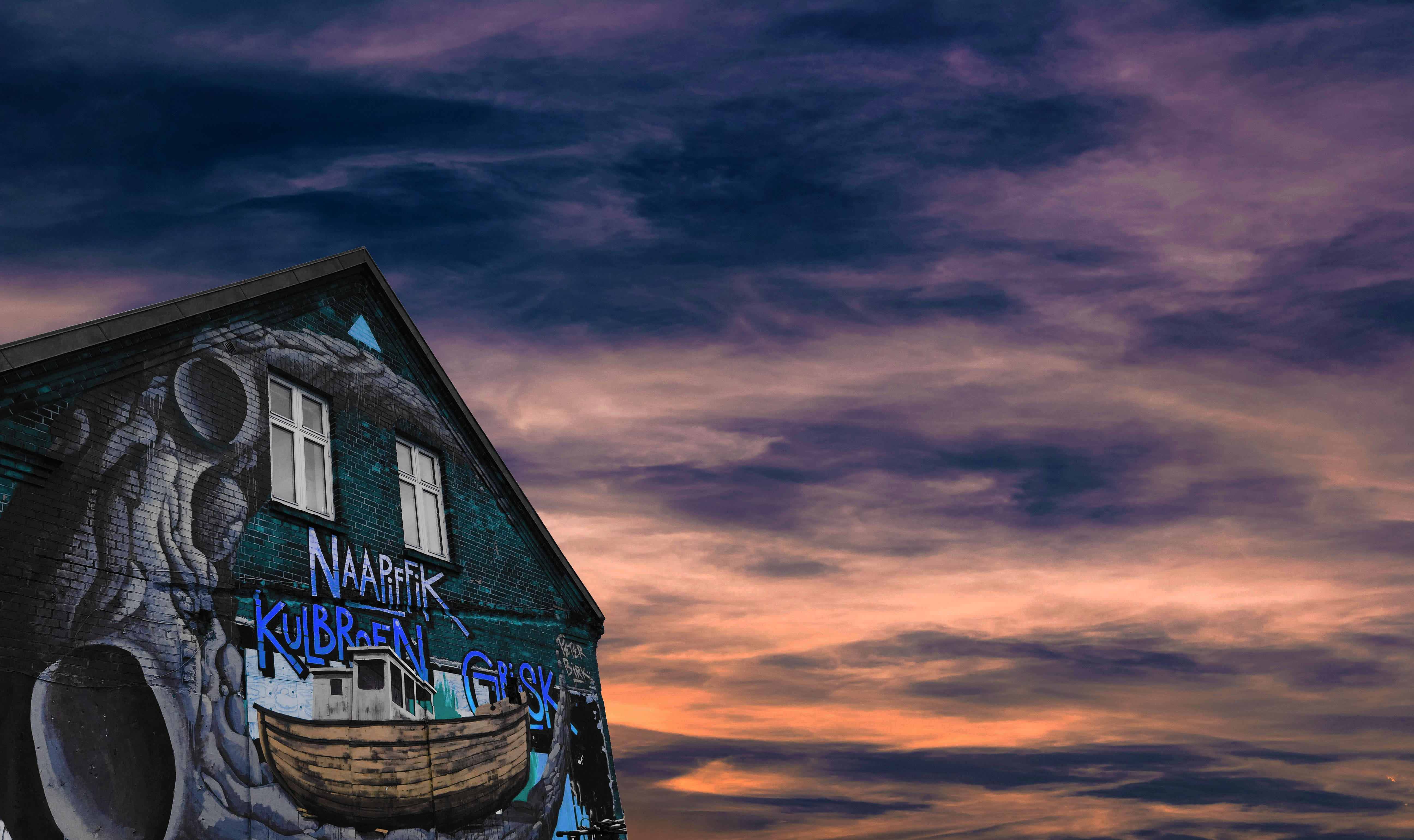 grafiti, old, transportation, wheel, sunrise, house, window, sunset, facade, dawn, denmark, blue, wood - material, 5K, architecture, low angle view, building exterior, HD Wallpaper