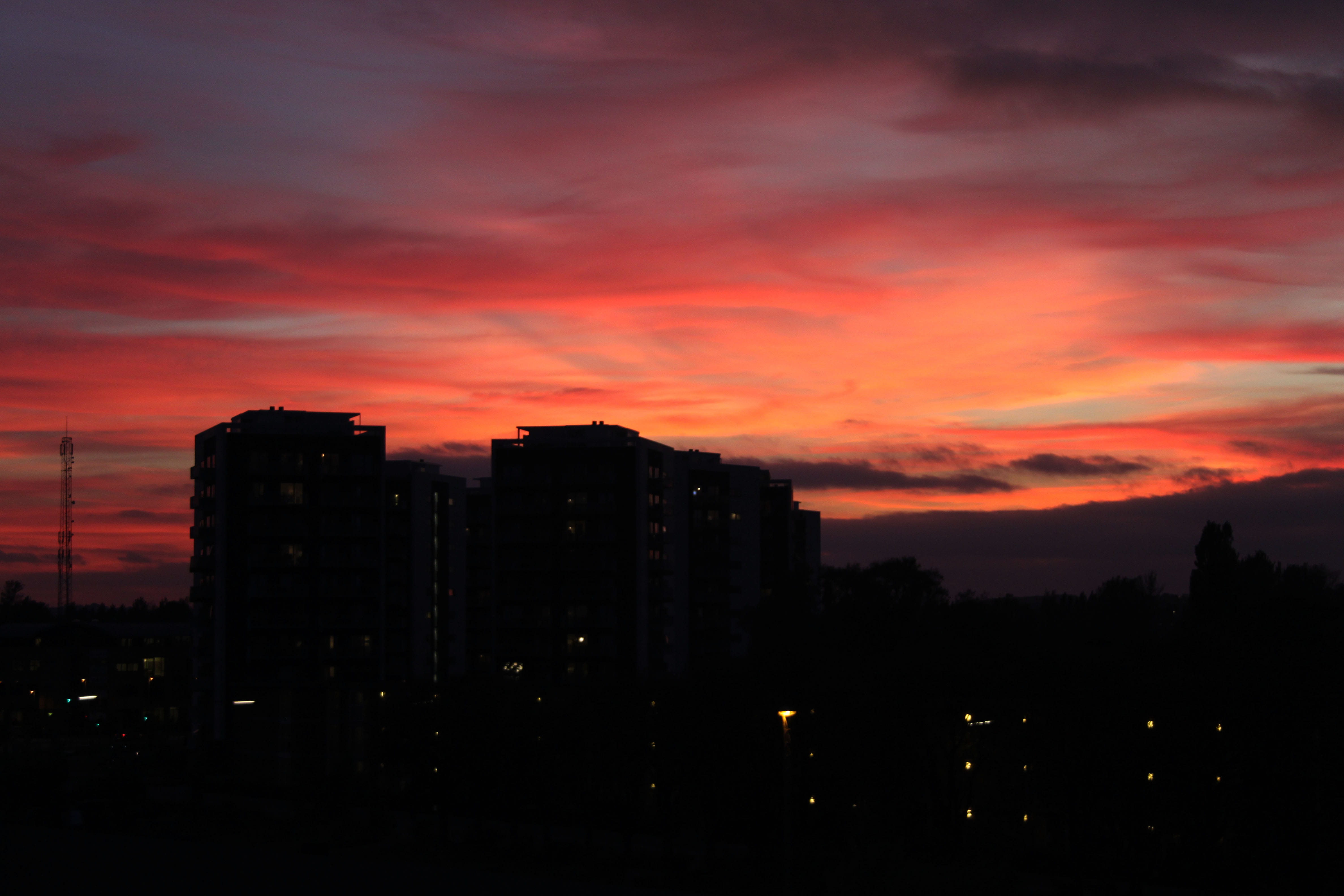 skyscraper, residential district, outdoors, silhouette, red, nature, evening, buildings, aarhus, cloud - sky, city life, beautiful, modern, building exterior, HD Wallpaper