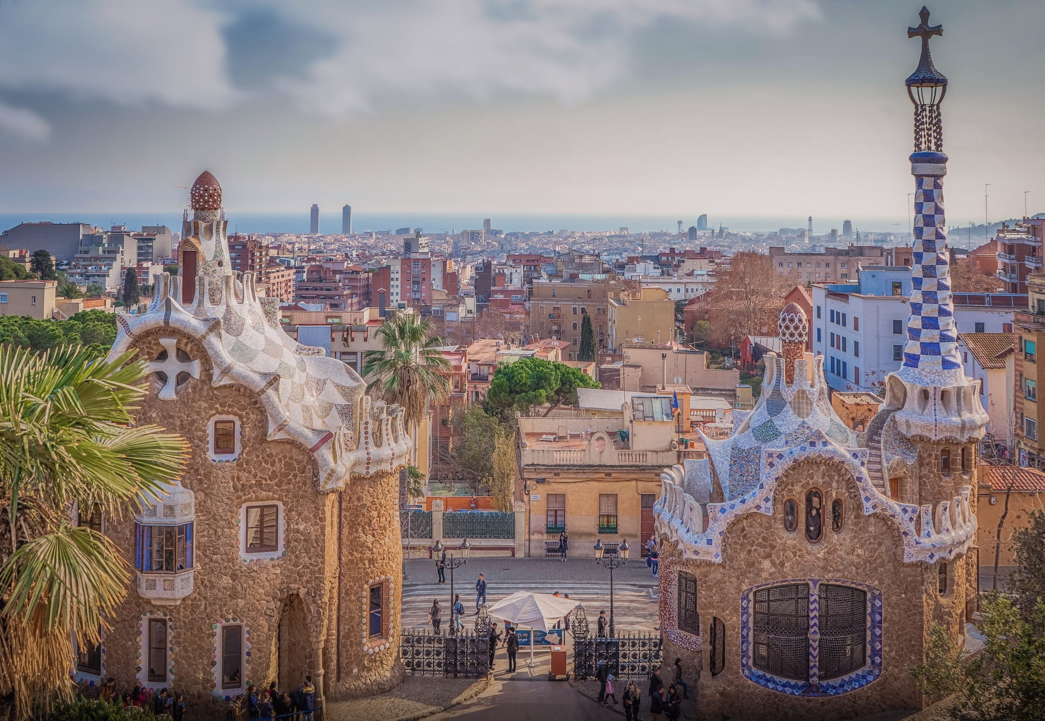 outdoors, built structure, mosaic, history, gaudi, cloud - sky, tourism, place of worship, city, nature, spain, guell park, cityscape, the past, catalonia, HD Wallpaper