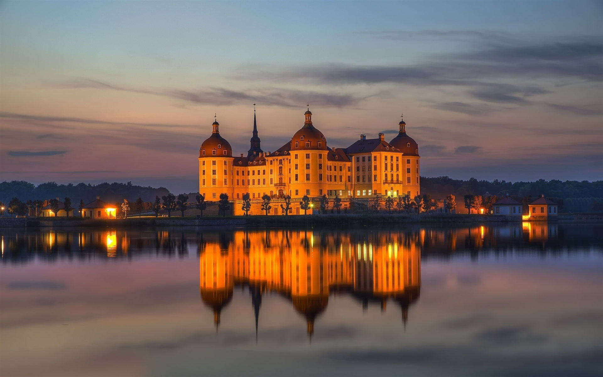 brown, Water, Moritzburg, concrete, Germany, Saxony, Reflection, Castle, 1080P, Lights, Night, HD Wallpaper