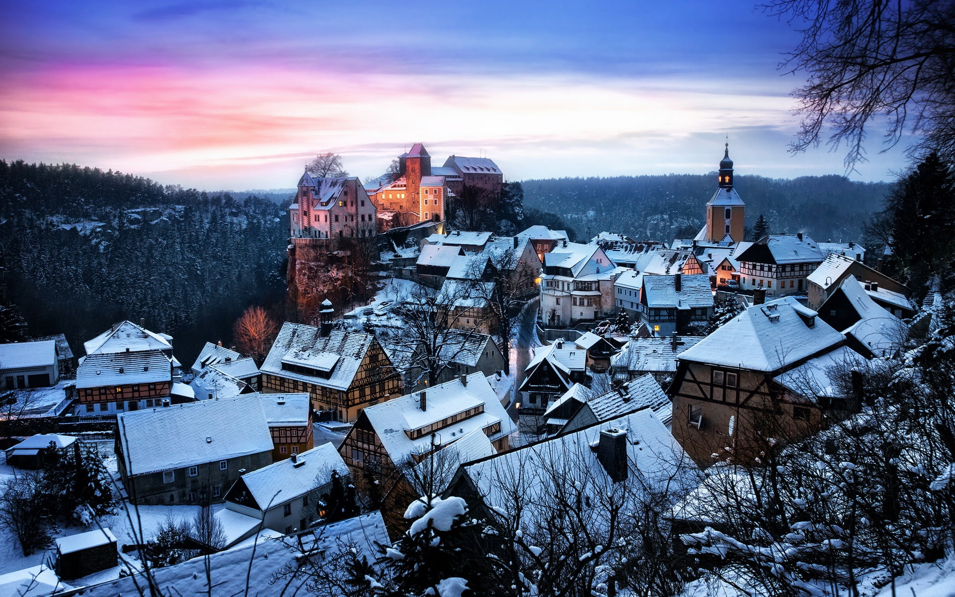 Sunset, Snow, Germany, Trees, 1080P, Castle, Forest, Saxony, honshtayn, Winter, Houses, HD Wallpaper
