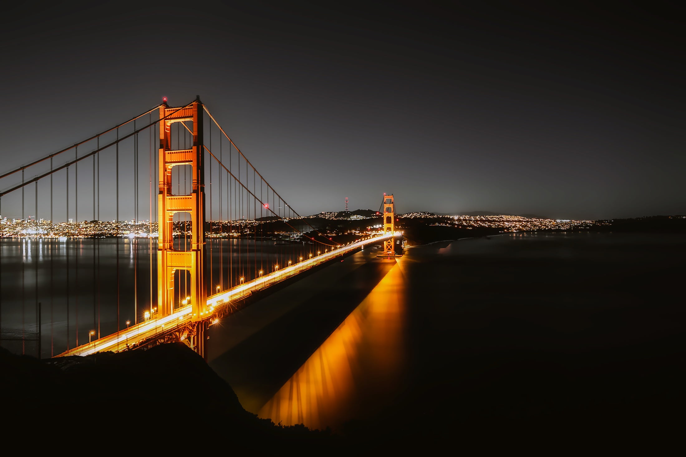 night, lapse, reflection, time, reflections, engineering, water, bridge - man made structure, suspension bridge, illuminated, photography, nature, beautiful, HD Wallpaper