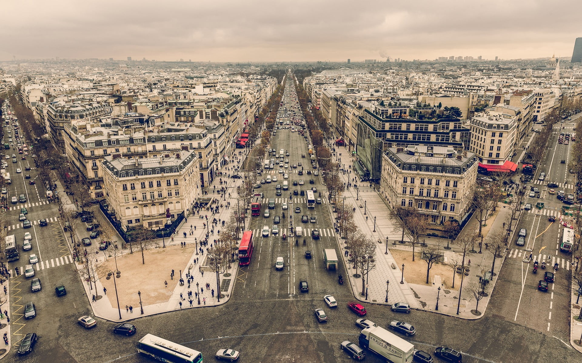1080P, city street, sky, Champs-Élysées, land vehicle, aerial view, Paris, rug, motor vehicle, transportation, area, high angle view, blue, cloud - sky, HD Wallpaper