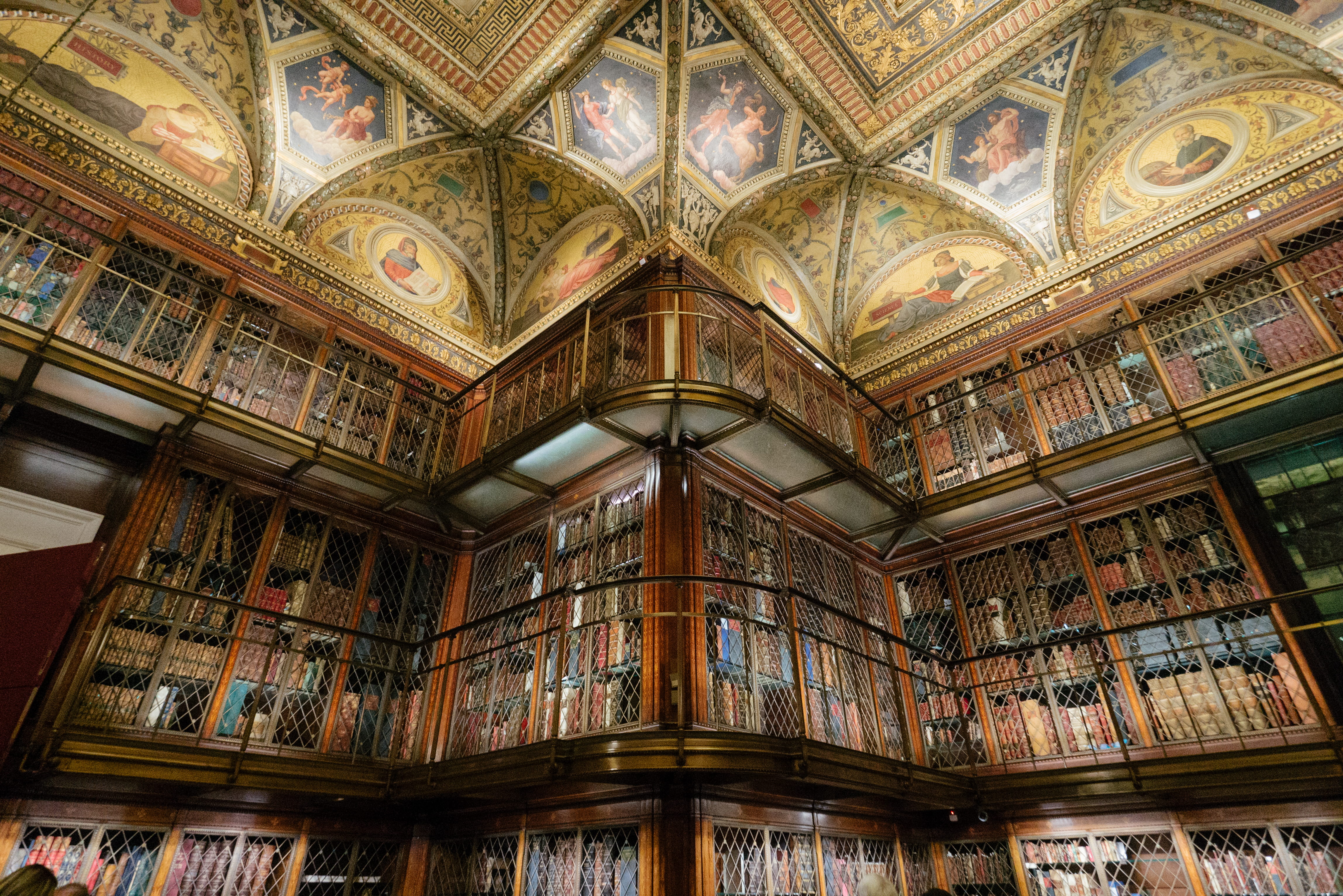 ceiling, publication, roof, no people, angle, ceiling painting, architecture and art, 4K, bookshelf, beige, landmark, library, ceiling art, new york, historic, HD Wallpaper