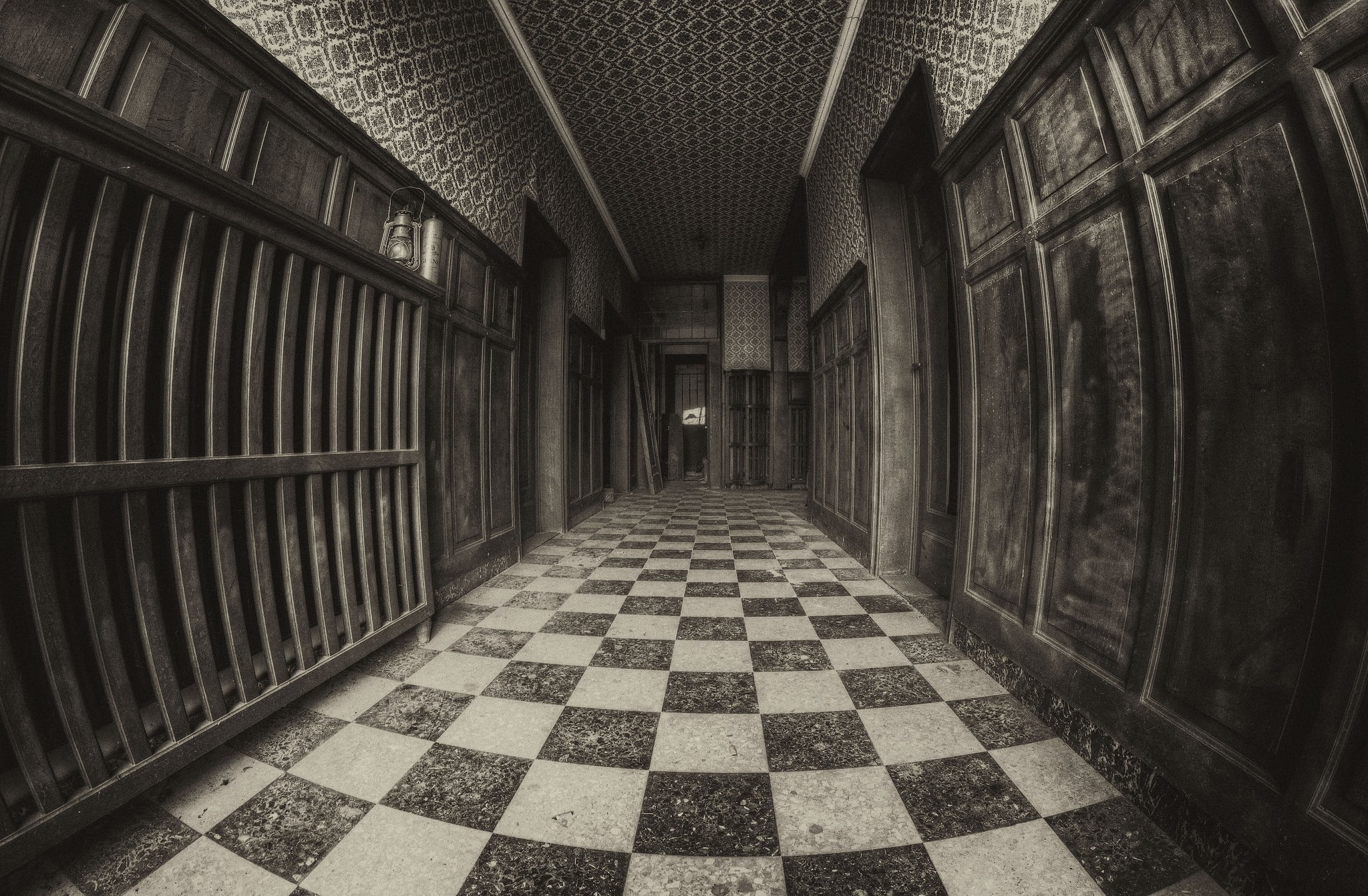 interior, monochrome, hallway, sepia, fisheye lens, 1080P, digital art, square, door, checkered, HD Wallpaper
