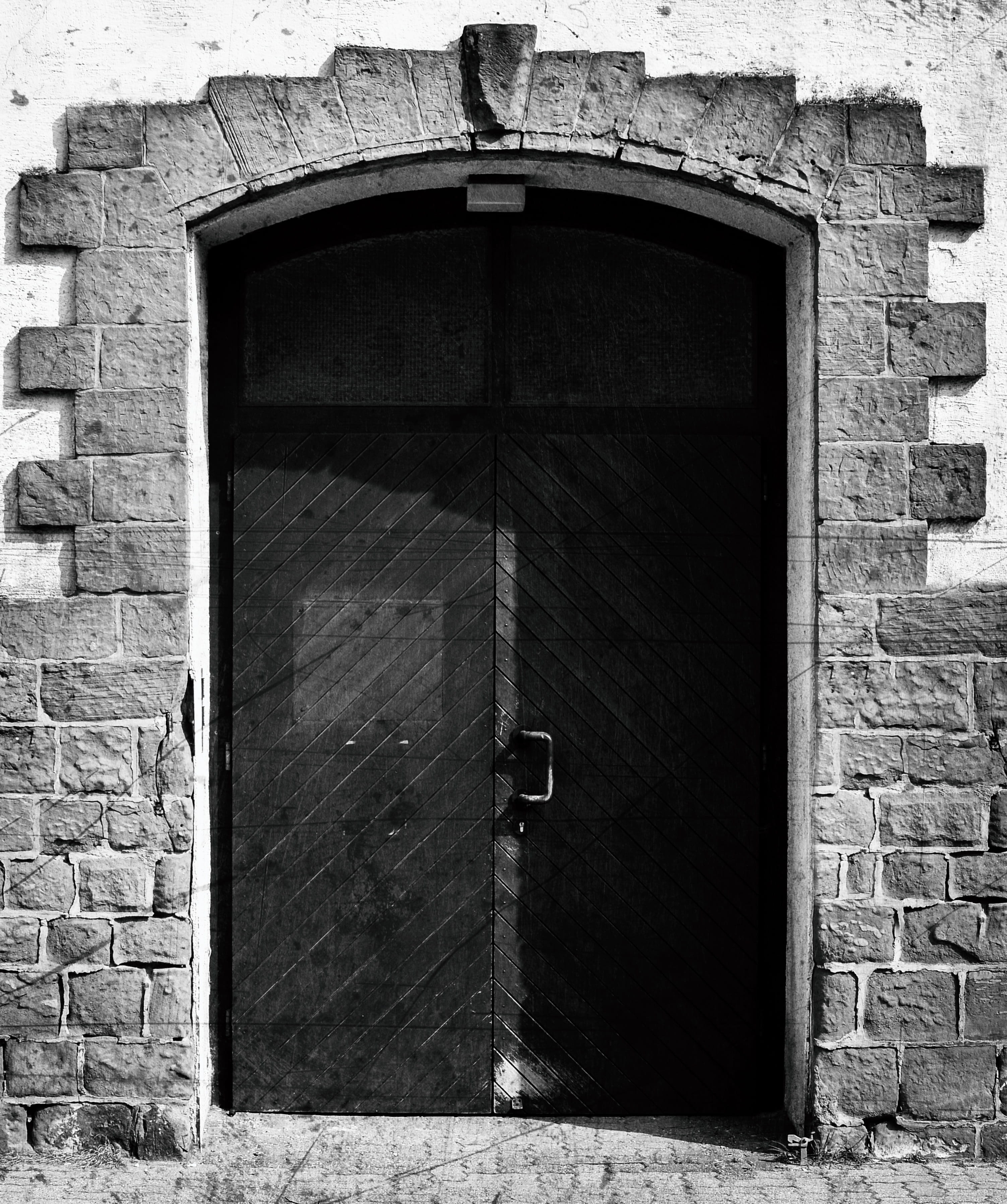 building exterior, old fashioned, no people, building, wall - building feature, doors, brick wall, house, Door, closed, black and white, safety, portal, Phone HD Wallpaper
