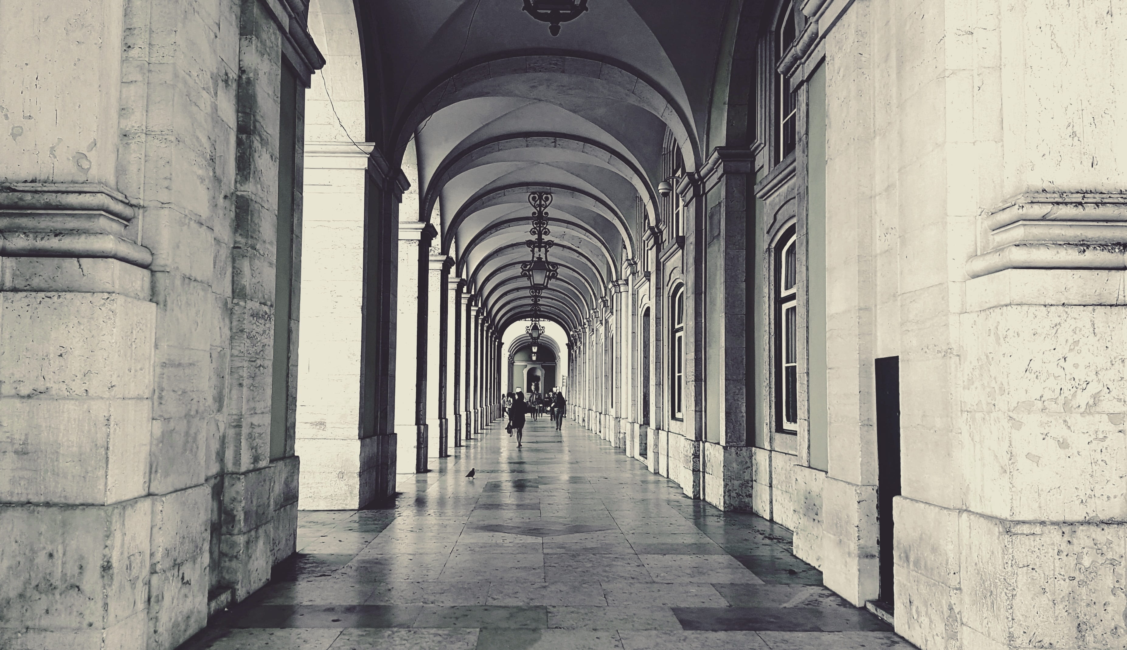 walking, lichtspiel, city, full length, rear view, 2K, old town, architecture, the way forward, lisbon, shadow, arcades, architectural column, day, arcade, HD Wallpaper