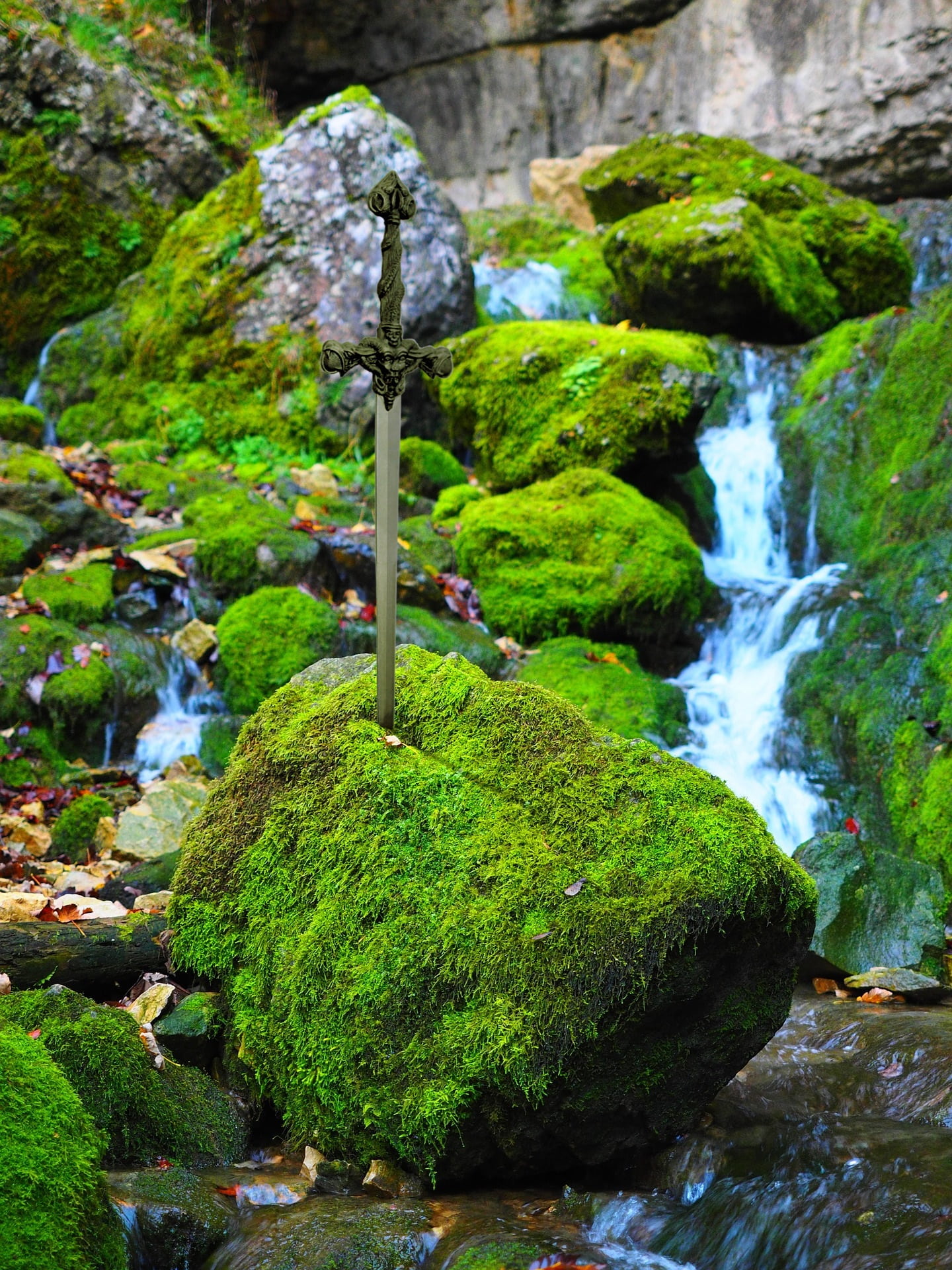 day, fantasy, flowing, king arthur, tree, growth, moss, excalibur, solid, nature, flowing water, water, stream - flowing water, 1080P, covered, rock - object, Phone HD Wallpaper