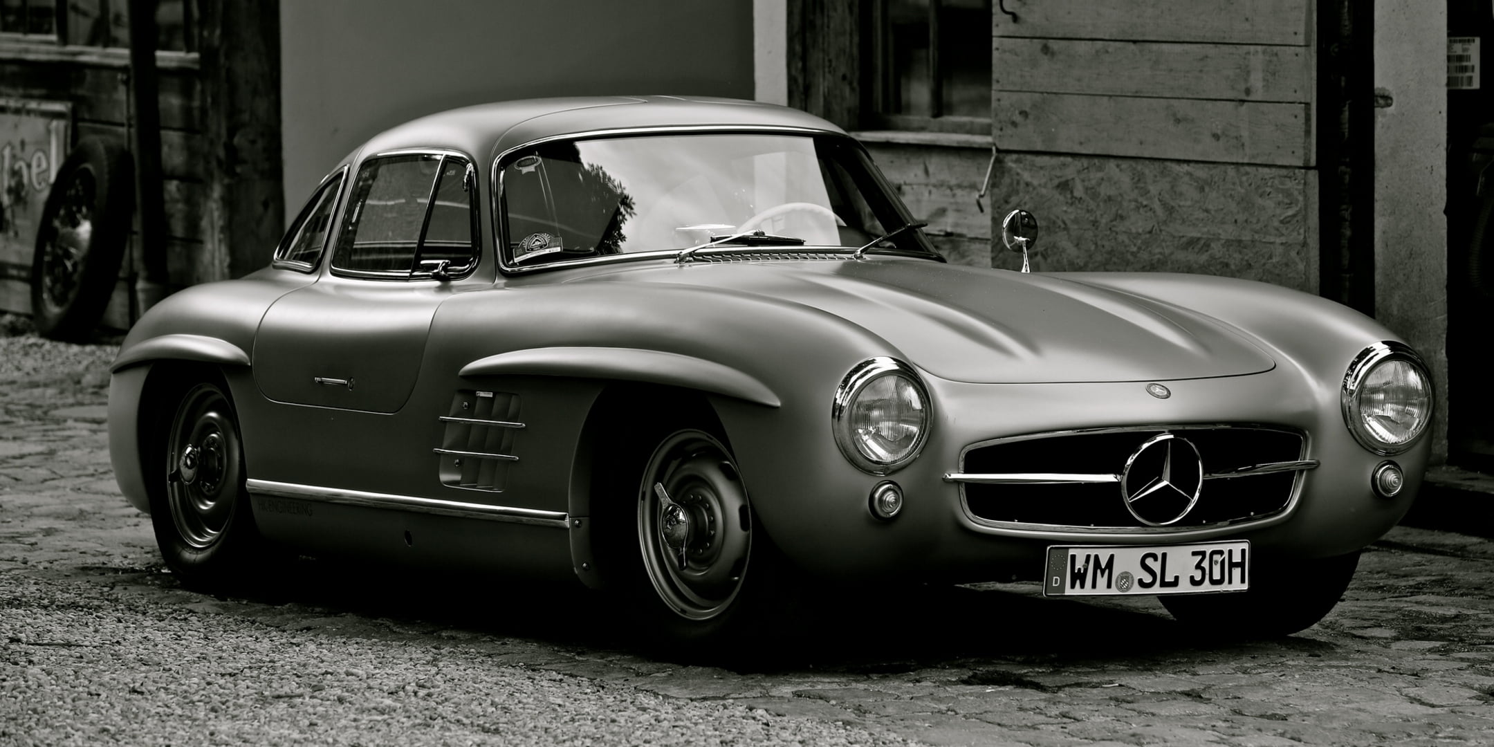 Mercedes-Benz 300 SL, built structure, gray, Coupe, classic, outdoors, 1080P, day, metal, old, benz, vintage, motor vehicle, retro styled, city, land vehicle, HD Wallpaper