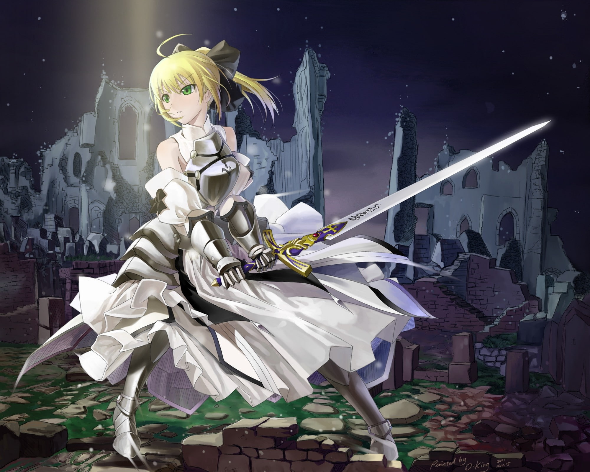 fatestay, blondes, eyes, fatezero, stay, sl, 1080P, anime, hd, excalibur, detached, art, saber, night, armor, fate, green, lily, dress, HD Wallpaper