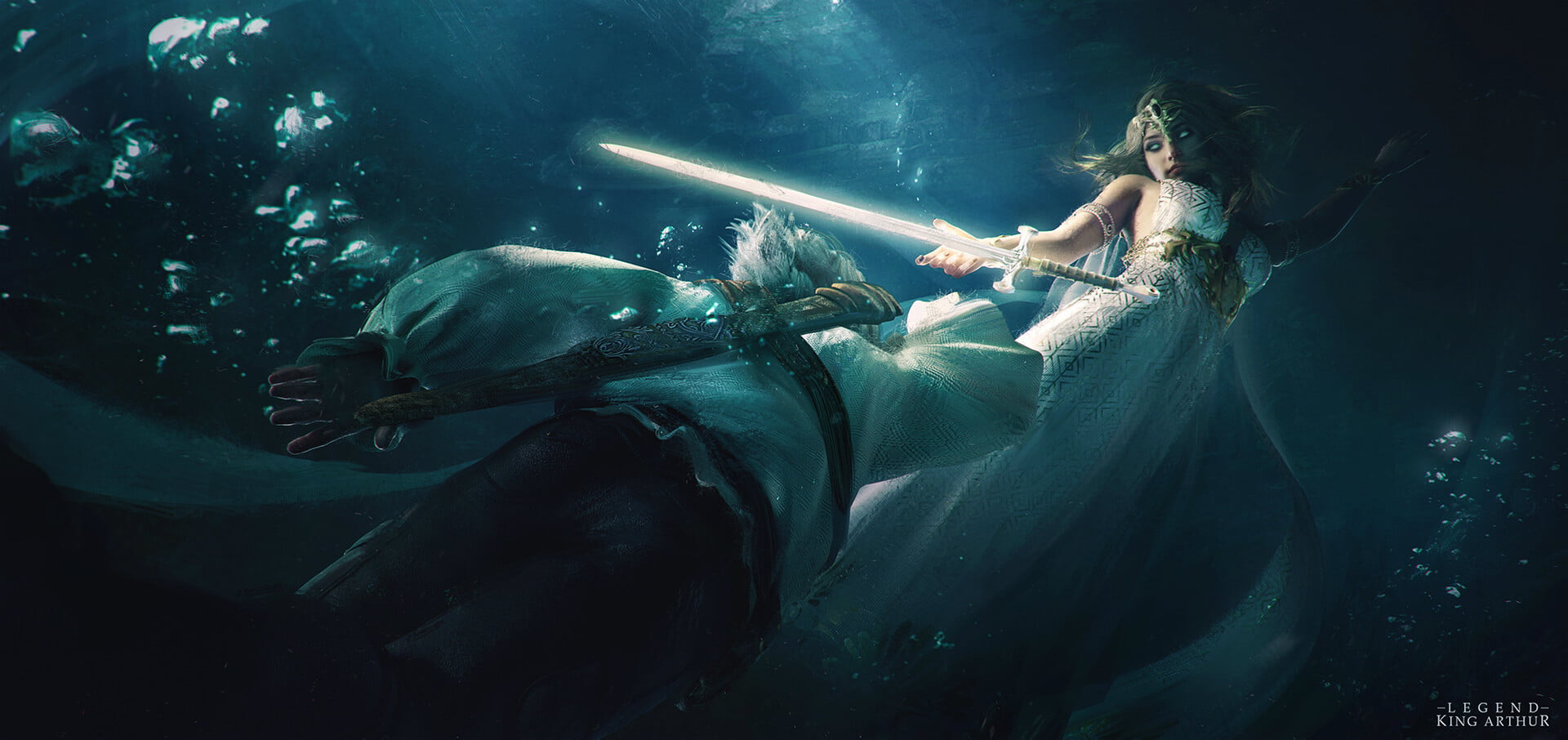 underwater, King Arthur, ArtStation, fantasy art, Excalibur, 1080P, artwork, Fantasy Men, HD Wallpaper