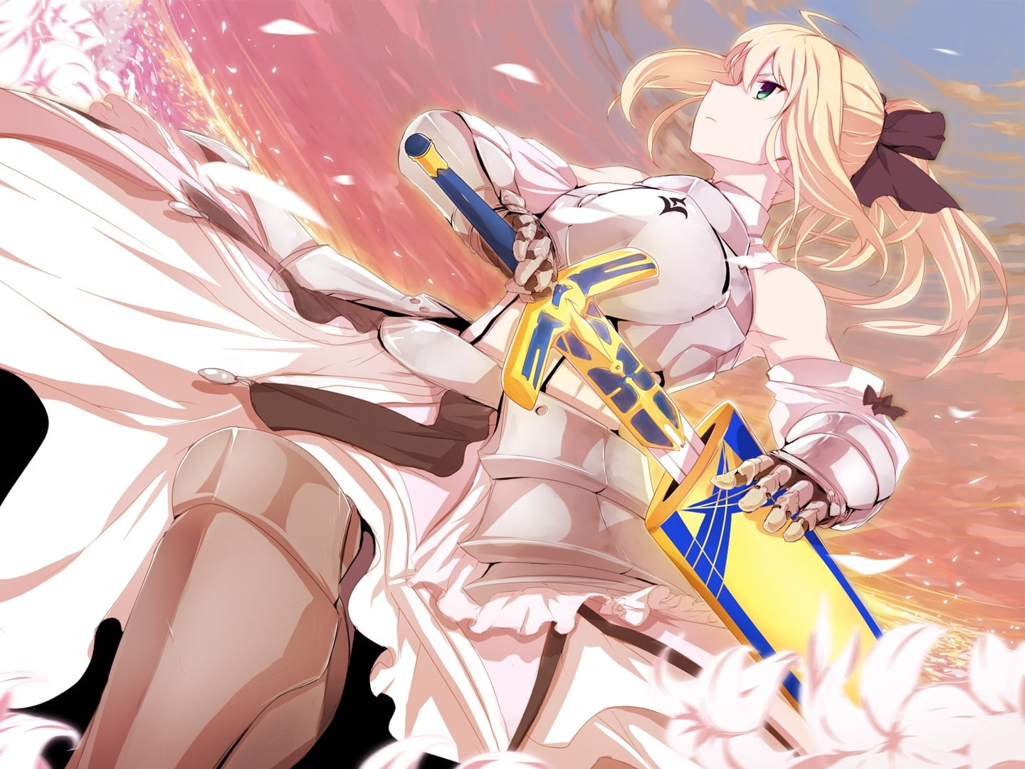 blondes, saber, fate, lily, flowers, armor, anime, sleeve, Fate/stay Night, fatestay, excalibur, 720P, night, dress, petals, detached, art, flower, stay, HD Wallpaper