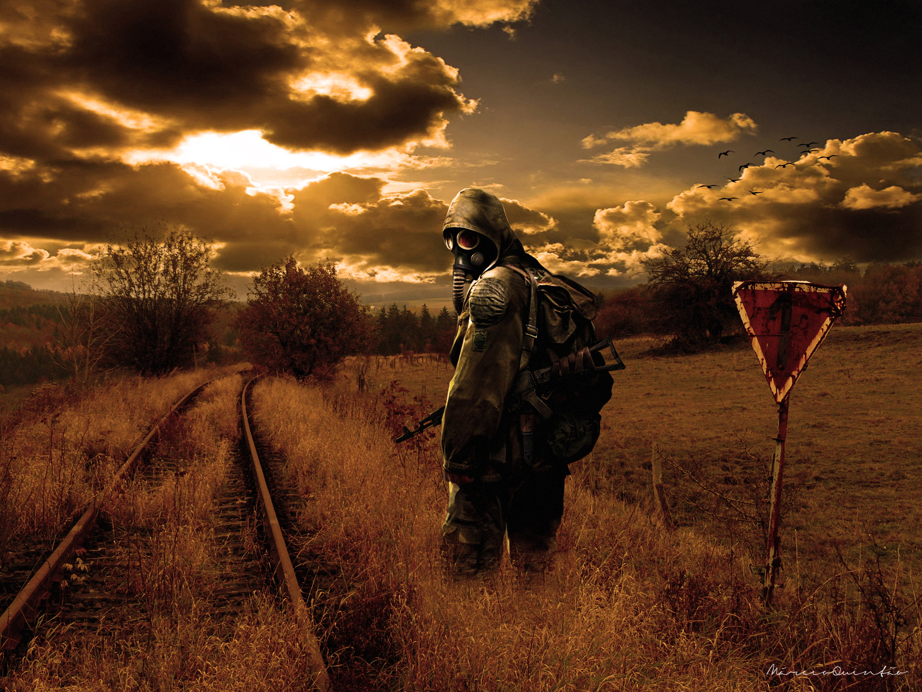 rural Scene, lifestyles, 2K, military, young adult, the evening, travel, Stalker, sky, cloudscape, beauty in nature, grass, coveralls, war, outdoors, full length, HD Wallpaper