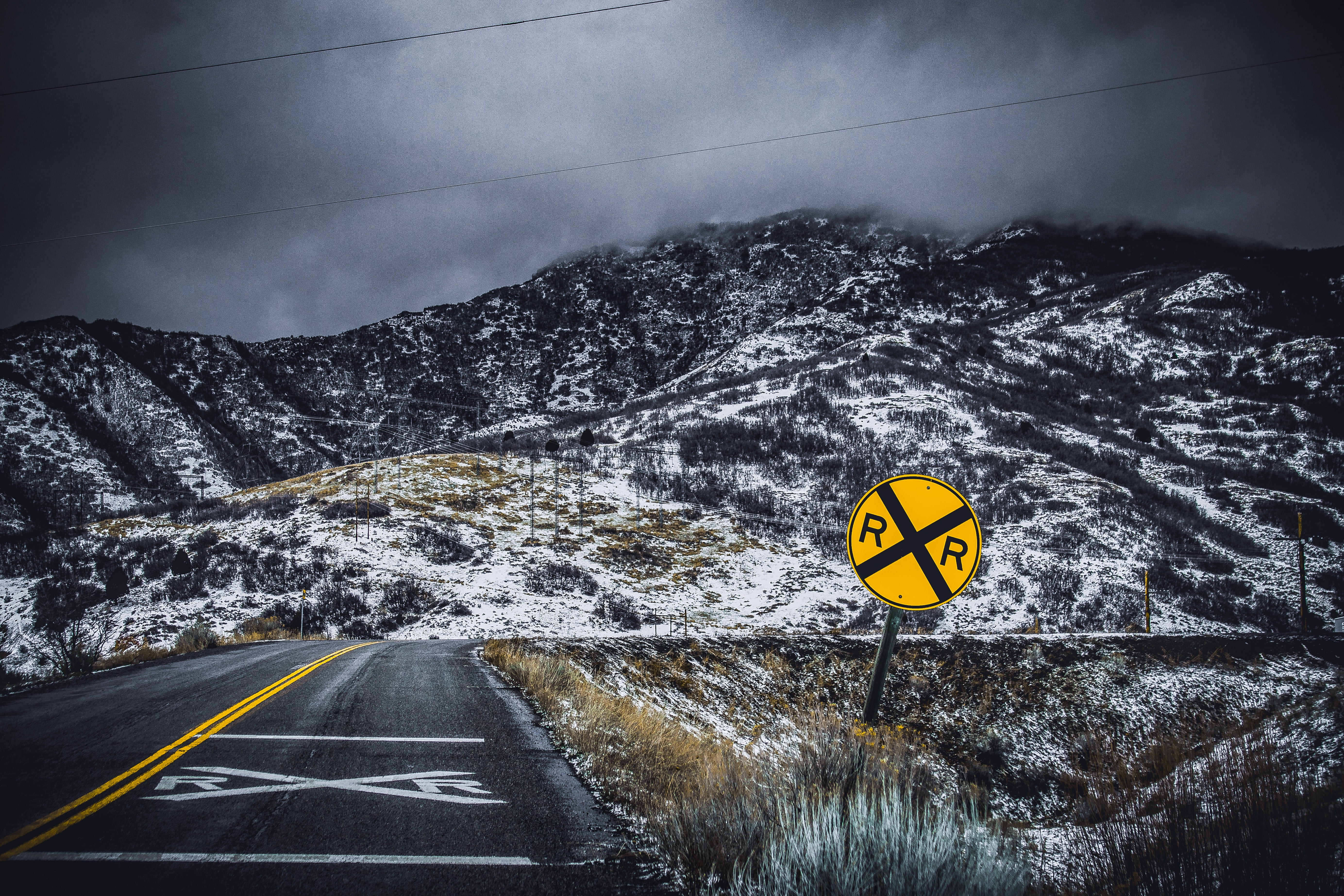 mountain, mist, no people, nature, snowcapped mountain, marking, car, landscape, photo, outdoors, crossing, snow, signage, winter, 5K, sign, road marking, HD Wallpaper