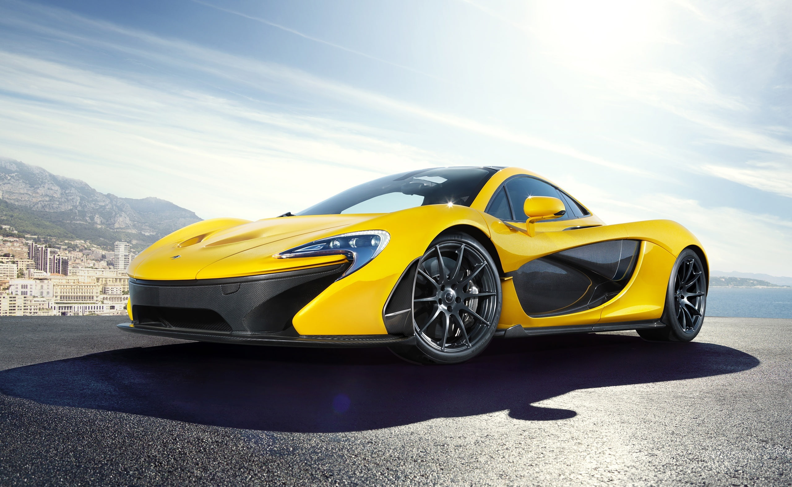 2K, no people, Supercars, sunny, sport, road, maclaren, nature, lens flare, stationary, day, outdoors, sunlight, 2014, yellow, mode of transportation, HD Wallpaper
