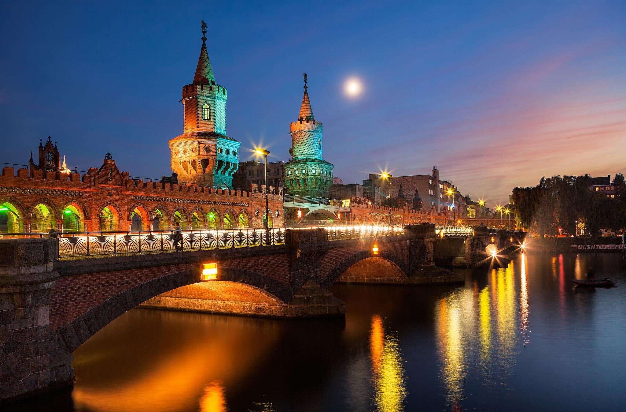city lights, architecture, clouds, buildings, water, germany, city, sunset, lovely, 1080P, view, river, berlin, HD Wallpaper
