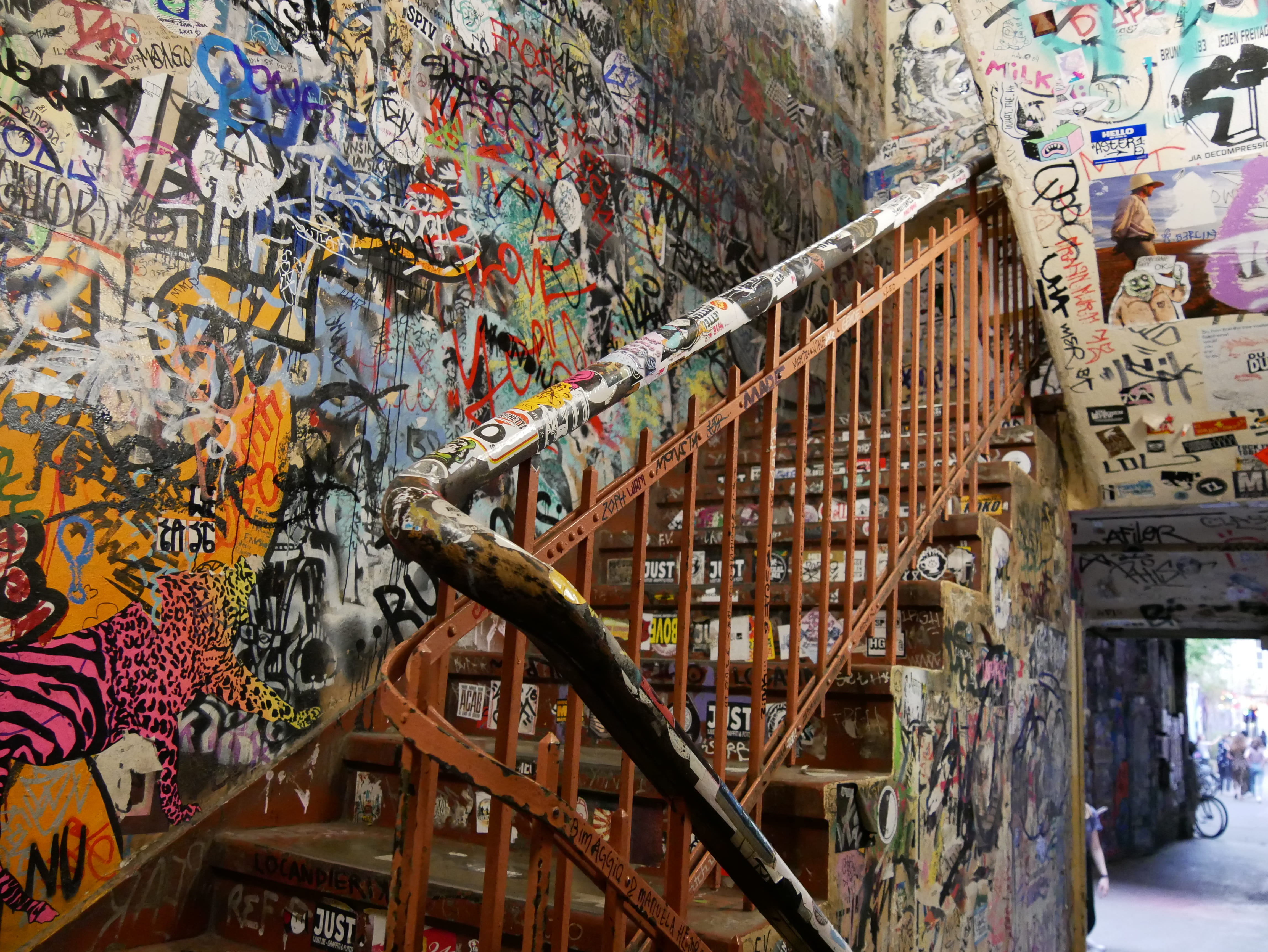 creativity, architecture, grafiti, staircase, berlin, metal, paint, messy, stickets, art and craft, street art, wall - building feature, indoors, stairs, HD Wallpaper