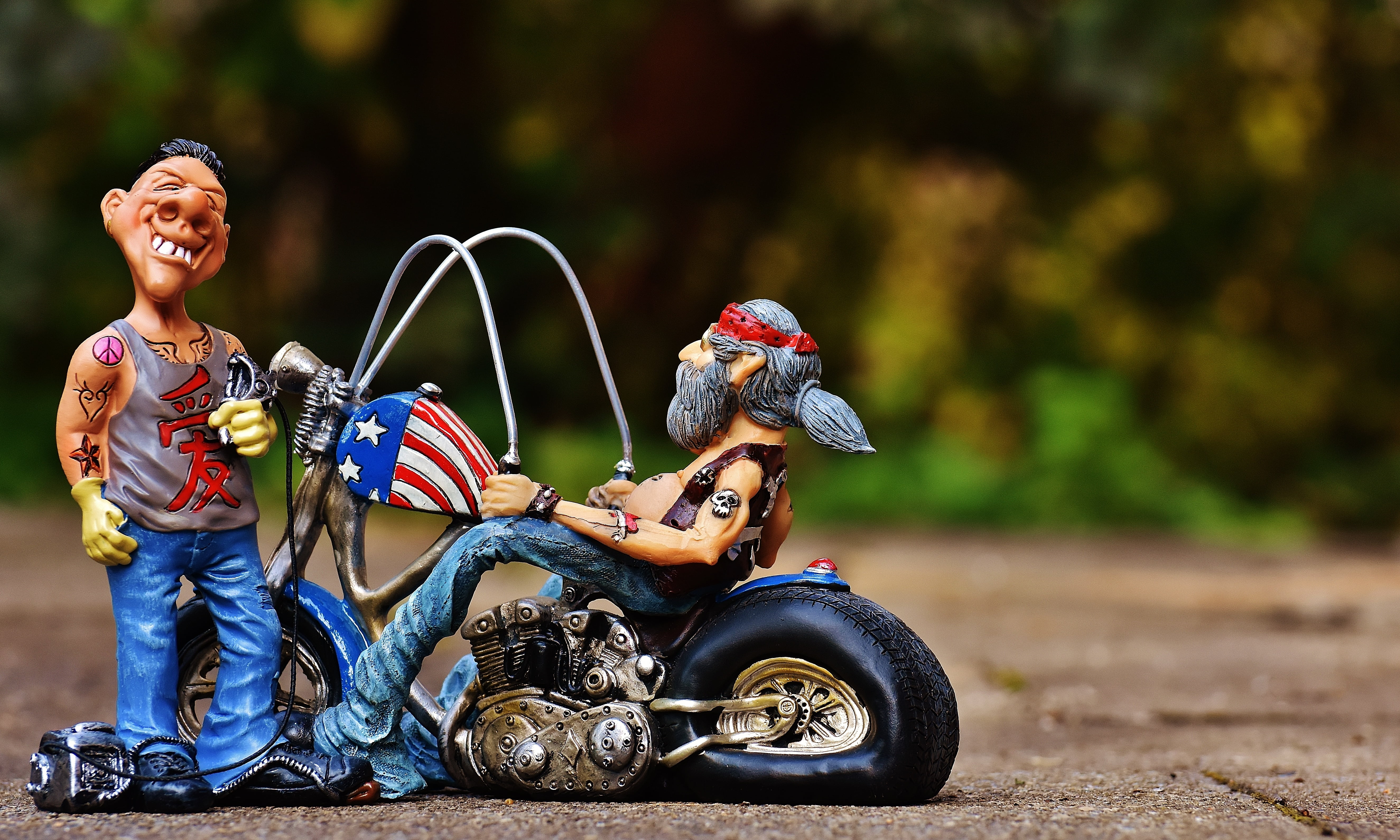 full length, outdoors, 5K, funny, transportation, sitting, smiling, tattoo, adult, front view, figures, scooter, road, decoration, ride, focus on foreground, HD Wallpaper