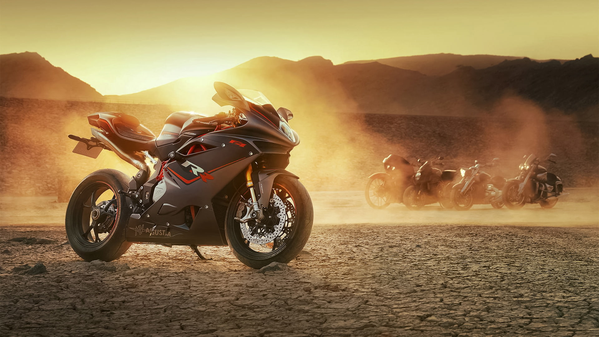 motorcycle, land, sunlight, sky, pets, animal, mammal, dust, Bike, sunset, riding, mv, rr, f, mountain, mode of transportation, group of animals, lens flare, HD Wallpaper