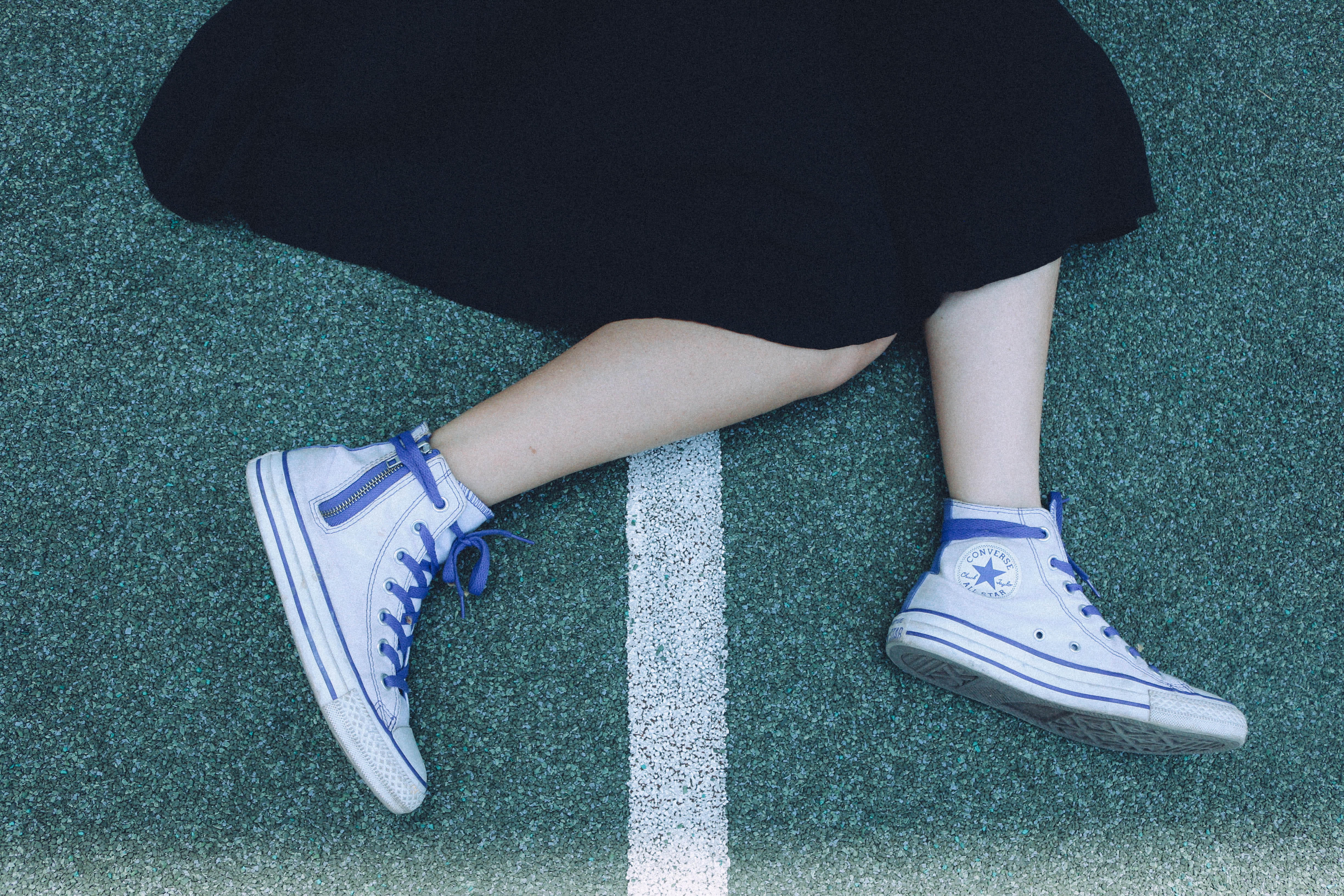 human foot, women, indoors, sport, sneaker, sports, standing, converse, floor, 4K, high angle view, low section, real people, running shoe, limb, girl, HD Wallpaper
