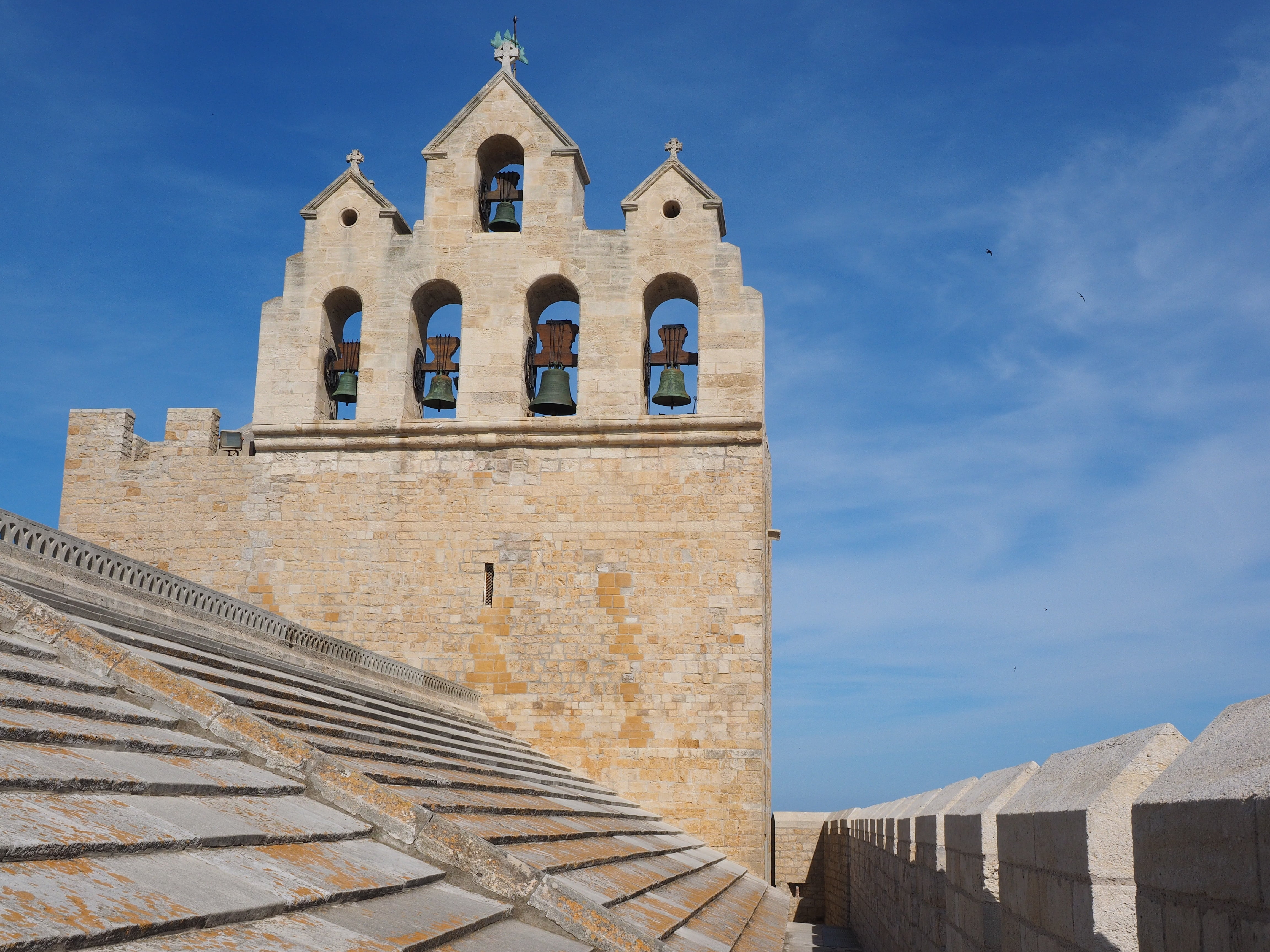 catholic, day, clock, notre-dame-de-la-mer, sky, sunlight, place of worship, no people, saintes-maries-de-la-mer, monument, low angle view, blue, bouches-du-rhône, HD Wallpaper