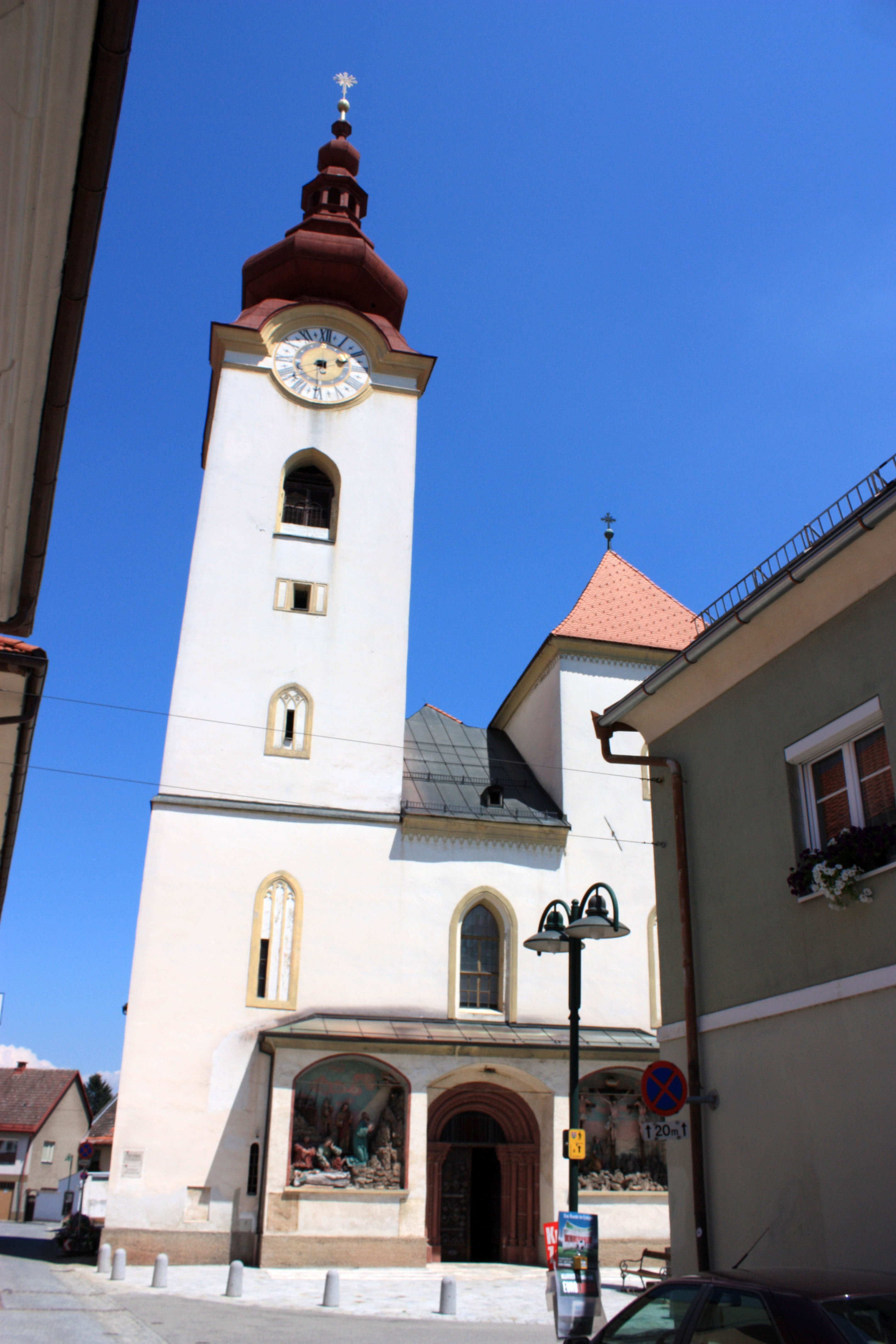 urban Scene, no people, clock, blue, time, sky, town, nature, famous Place, low angle view, Völkermarkt, church, 4K, mary, parish church, outdoors, place of worship, Phone HD Wallpaper