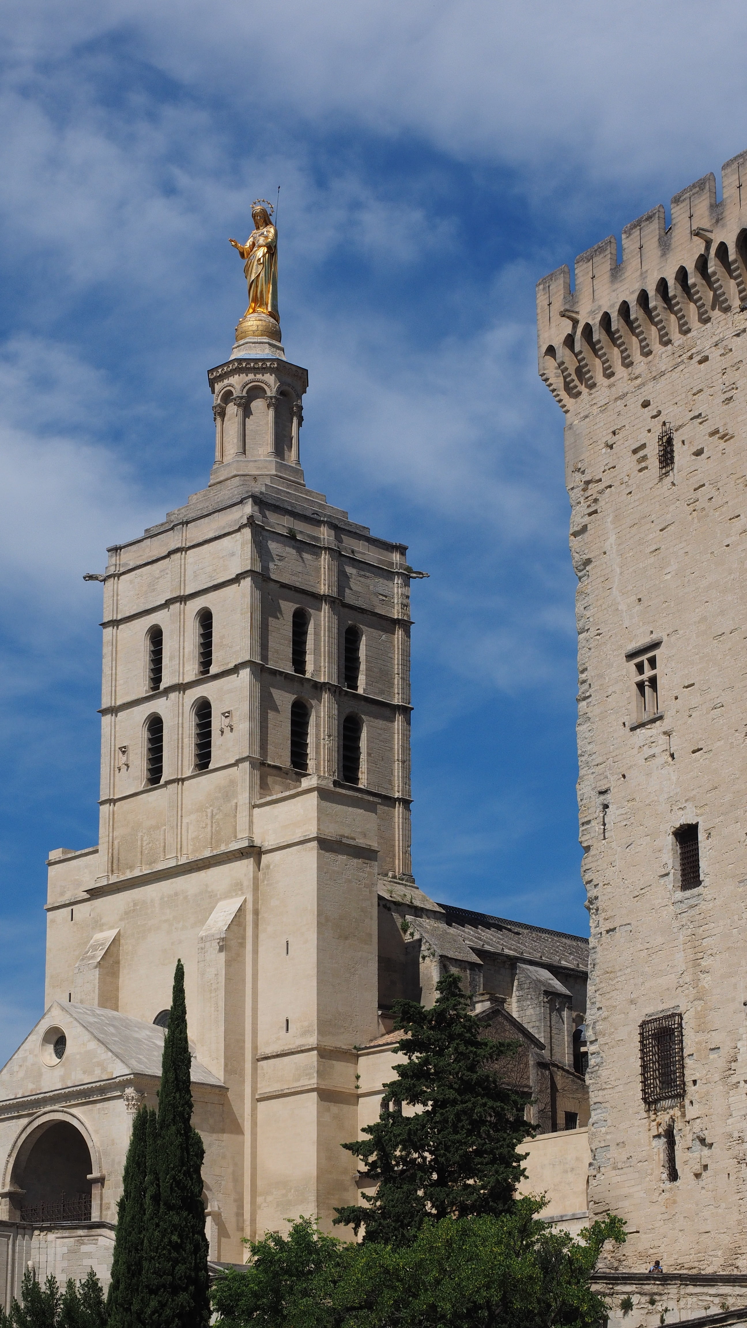 golden, 4K, cathedral notre-dame-des-doms, cathedral of avignon, low angle view, france, landmark, history, cloud - sky, religion, travel, clock, place of worship, Phone HD Wallpaper