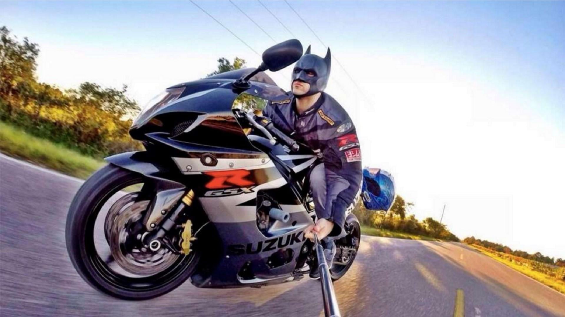 batman rider, crash helmet, people, headwear, two people, motorcycle, 1080P, outdoors, positive emotion, motion, men, helmet, riding, biker, transportation, HD Wallpaper