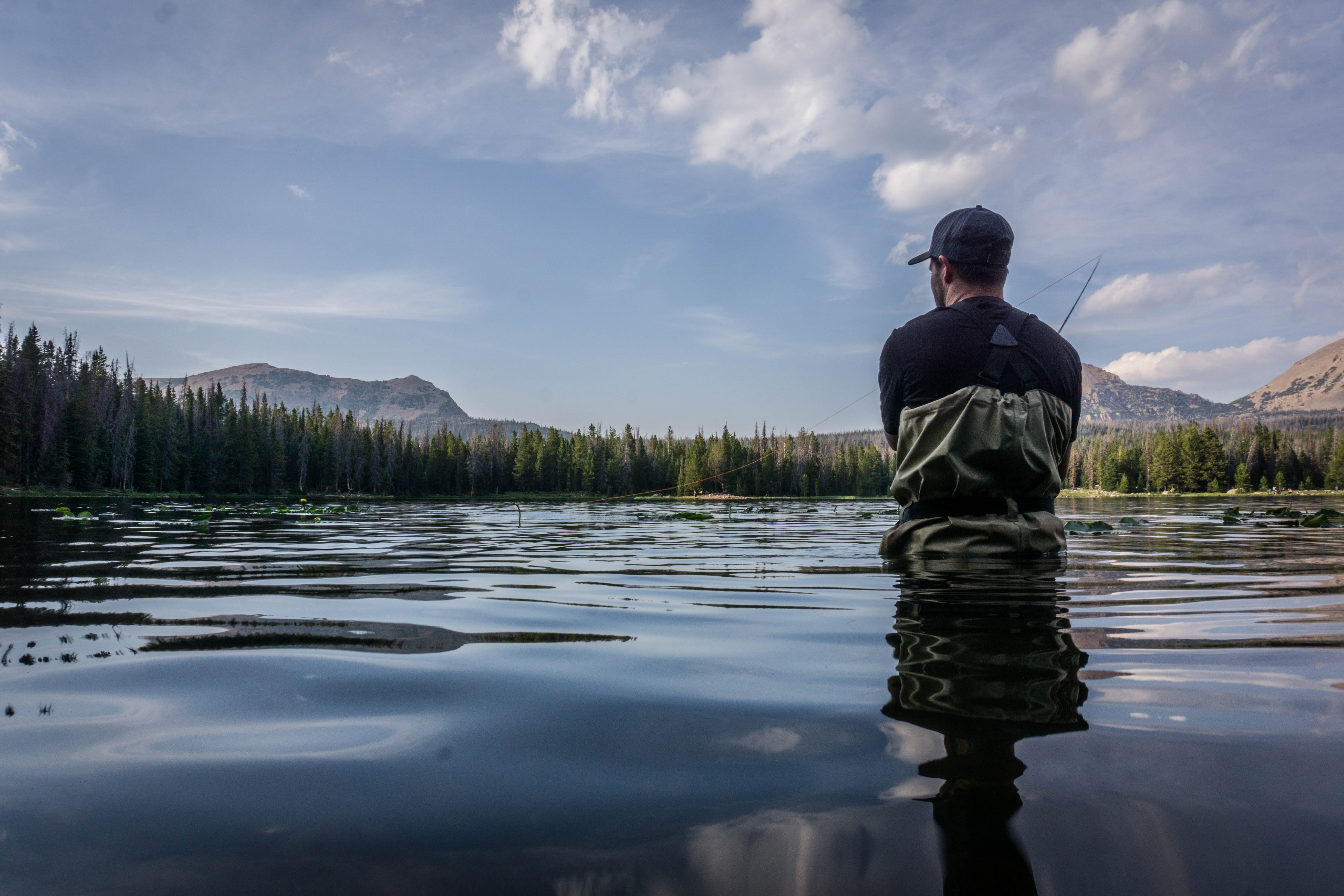 5K, forest, beauty in nature, cloud - sky, lifestyles, nature, fisherman, tree, black, mountain, water, fishing, one person, sky, day, rod, standing, outdoor, HD Wallpaper