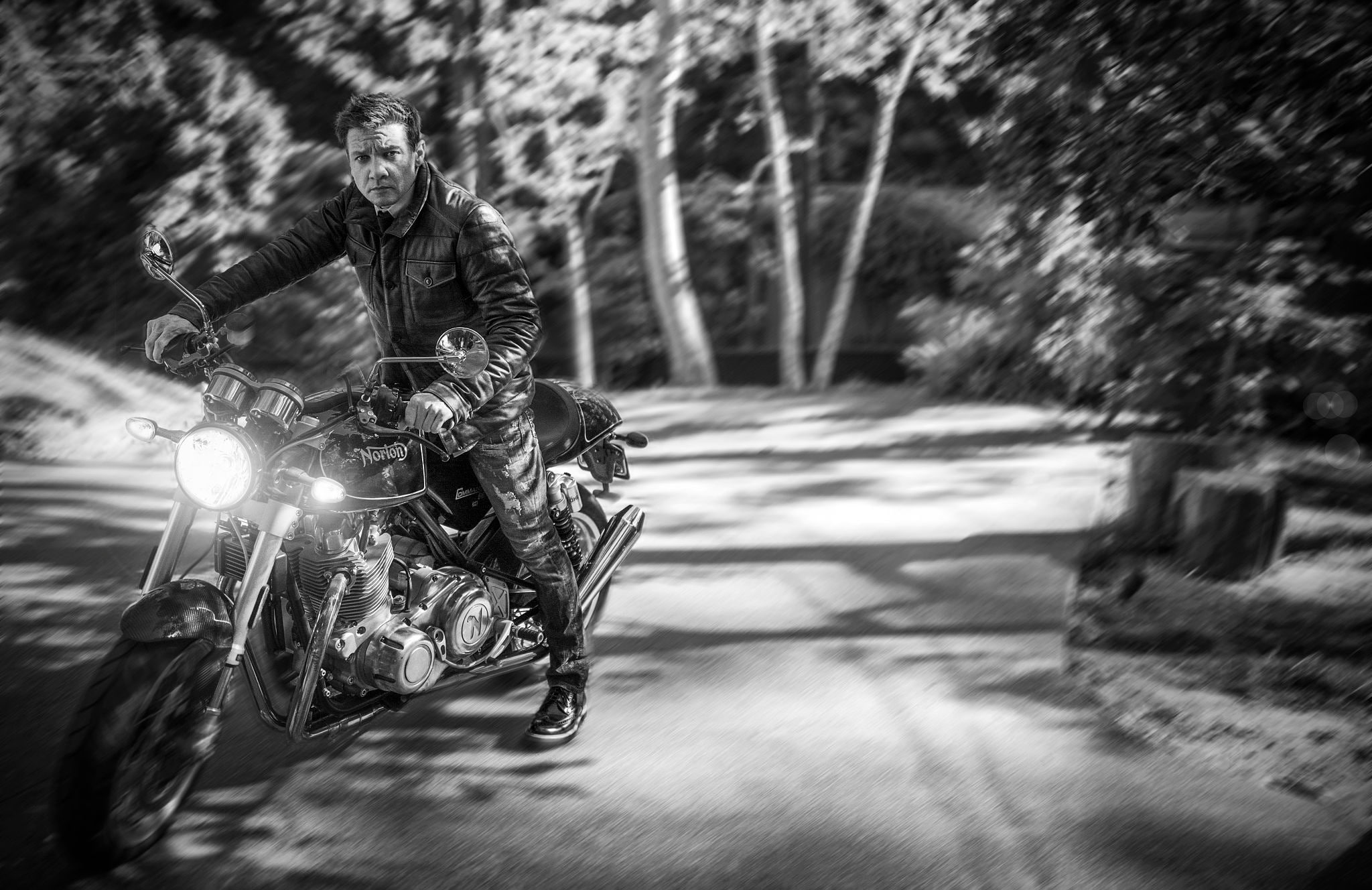 trees, photoshoot, Hashtag Legend, black and white, road, actor, jeans, headlights, forest, biker, Sarah Dunn, background, jacket, bike, Jeremy Renner, HD Wallpaper