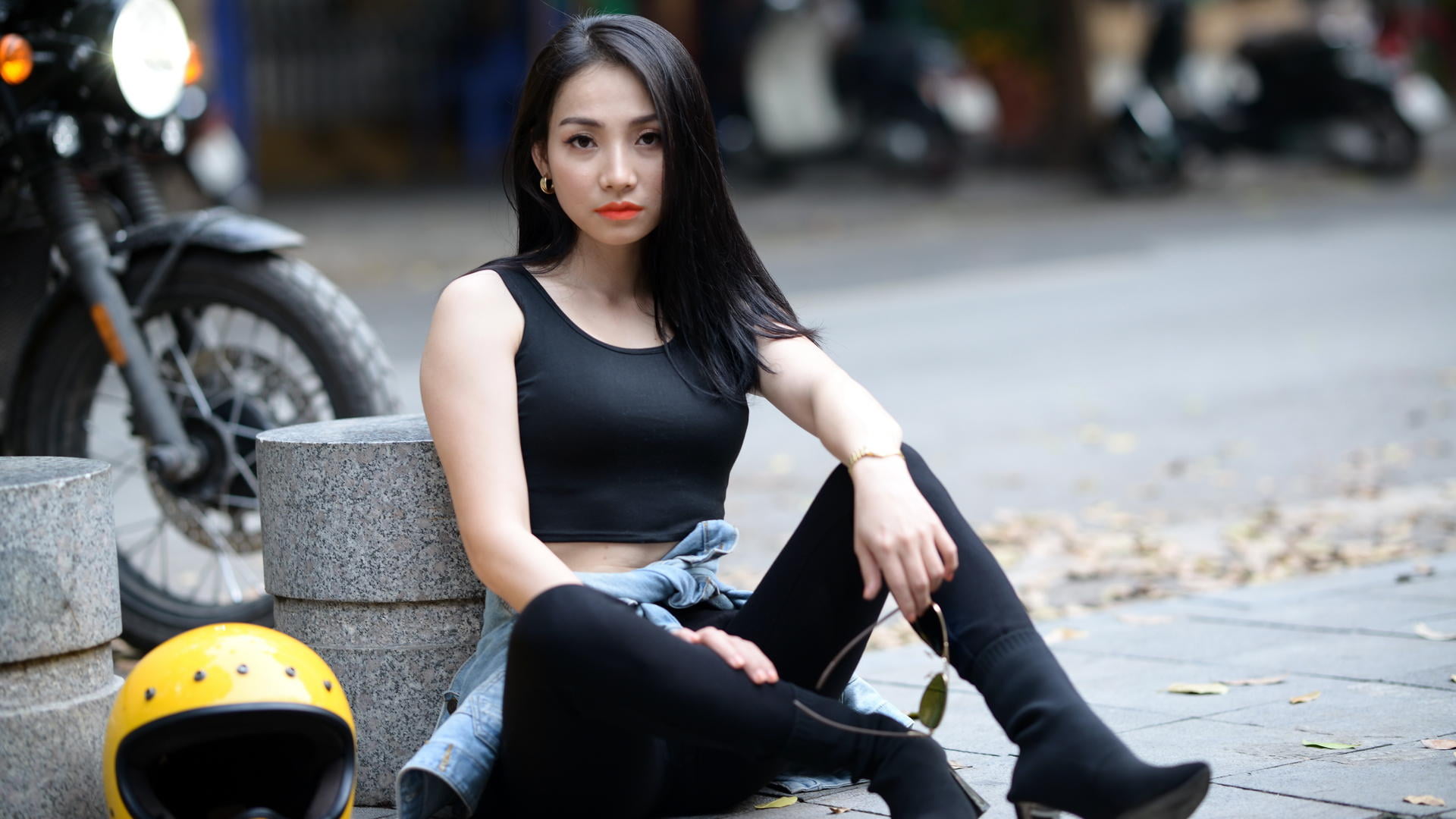 bracelets, motorcycle, women, dark hair, long hair, jeans jacket, 1080P, Asian, black pants, helmet, sitting, model, leaning, depth of field, Black top, HD Wallpaper