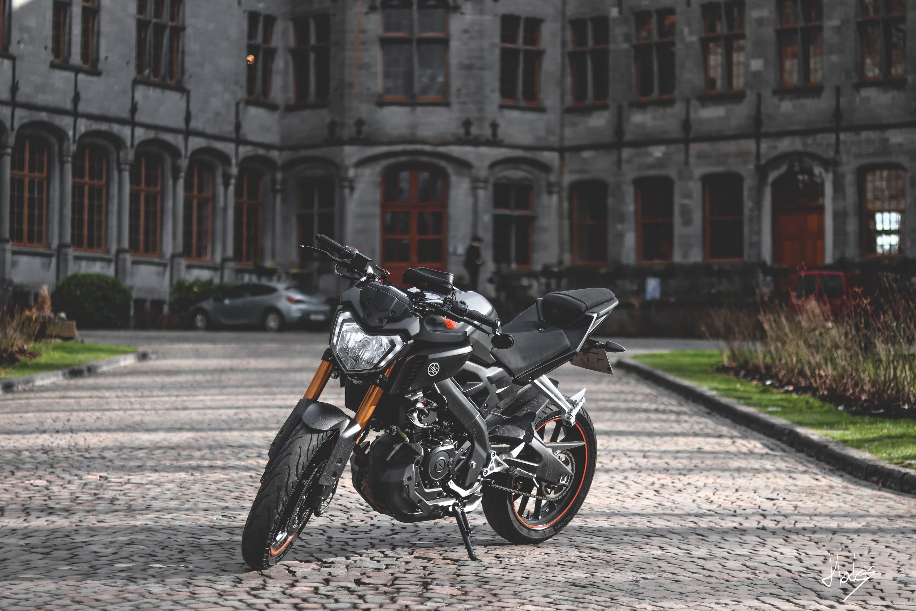 place, architecture, parking, building exterior, scooter, built structure, mode of transportation, residential district, transportation, travel, outdoors, HD Wallpaper