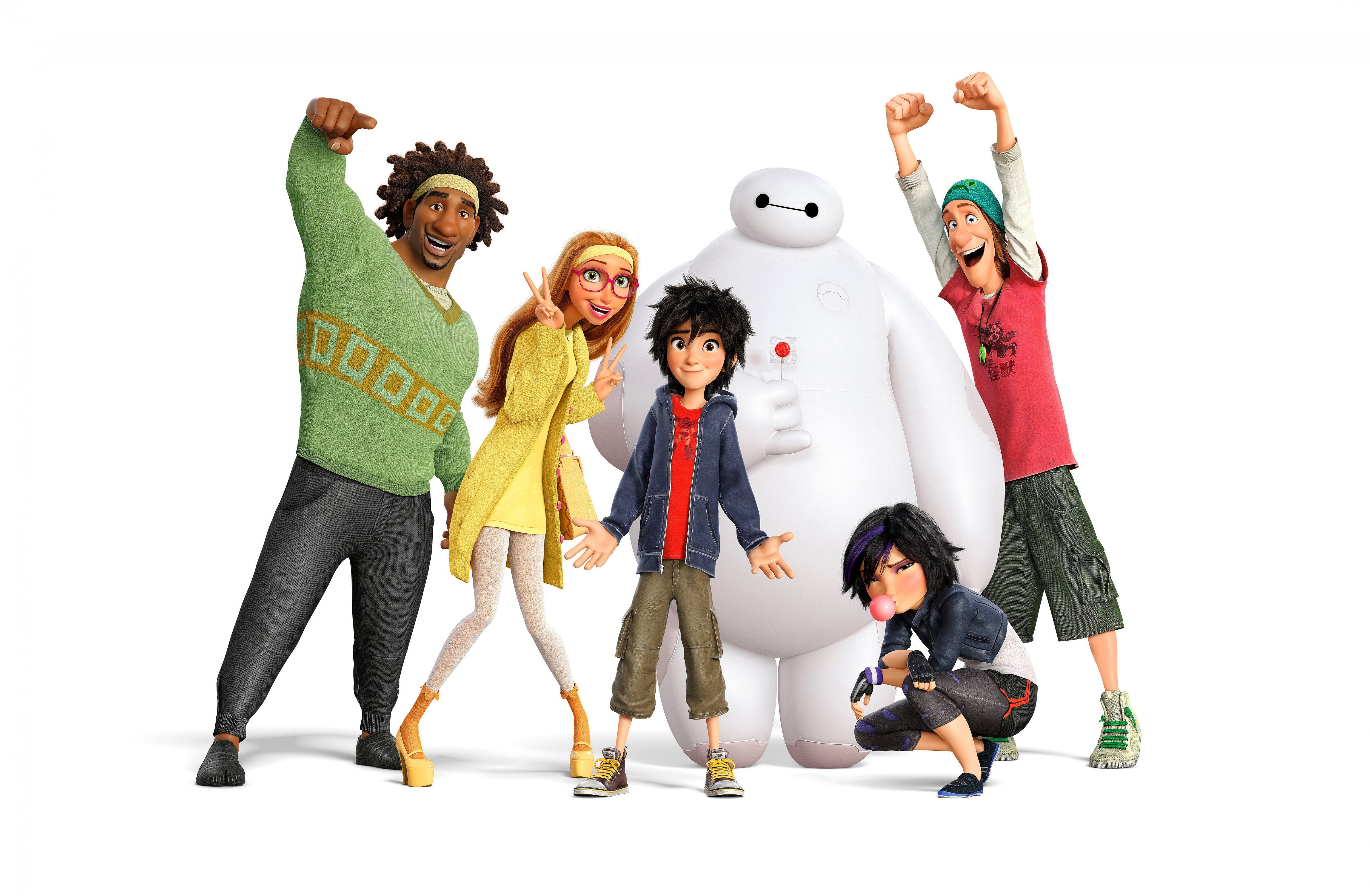 indoors, 4K, representation, people, Honey Lemon, fun, full length, Baymax, males, white background, childhood, emotion, toy, Gogo Tomago, Best Animation Movies of 2015, HD Wallpaper