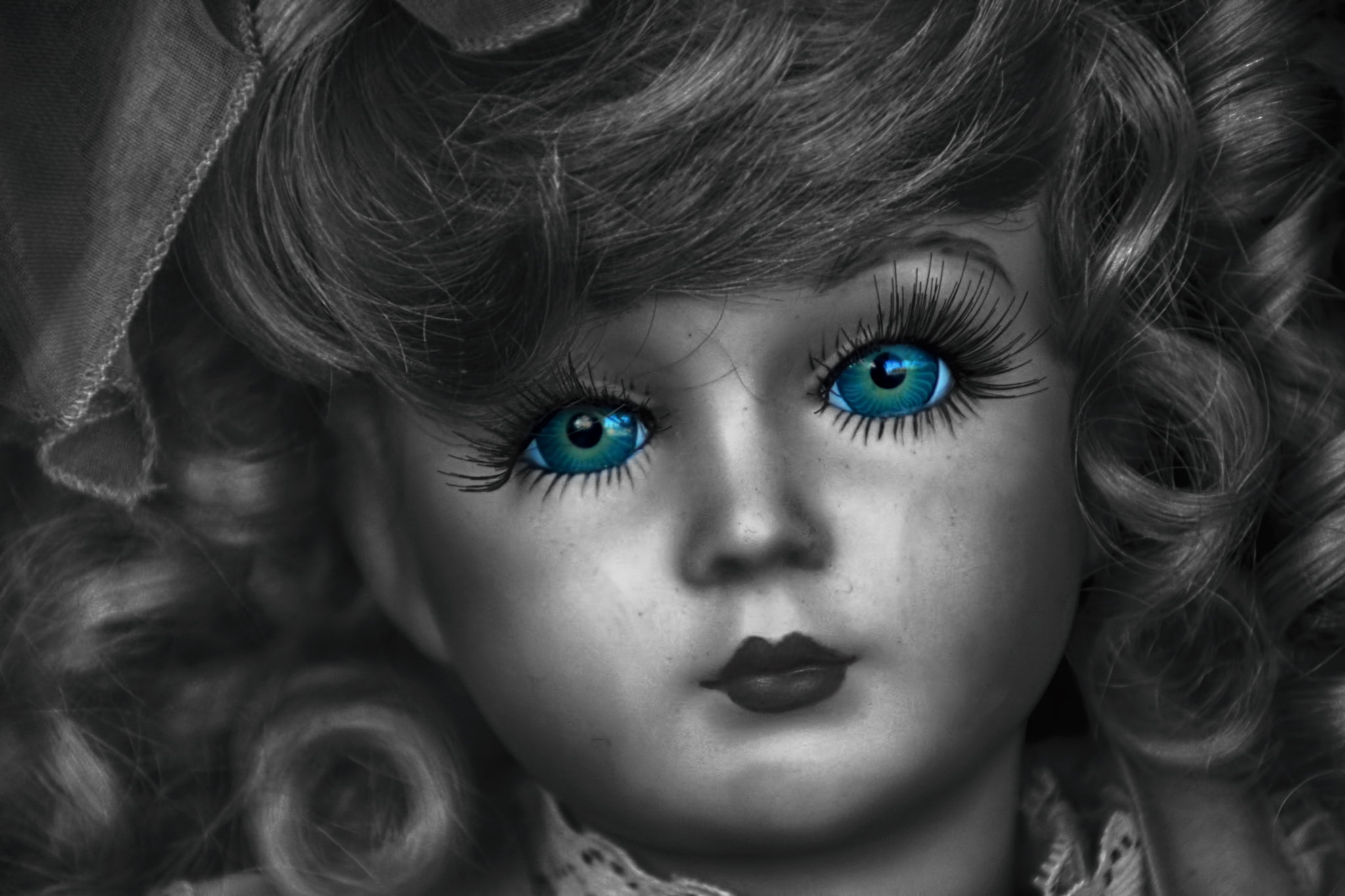 front view, indoors, childhood, innocence, portrait, creepy, women, looking at camera, females, human face, human body part, 1080P, close-up, isolated color, HD Wallpaper