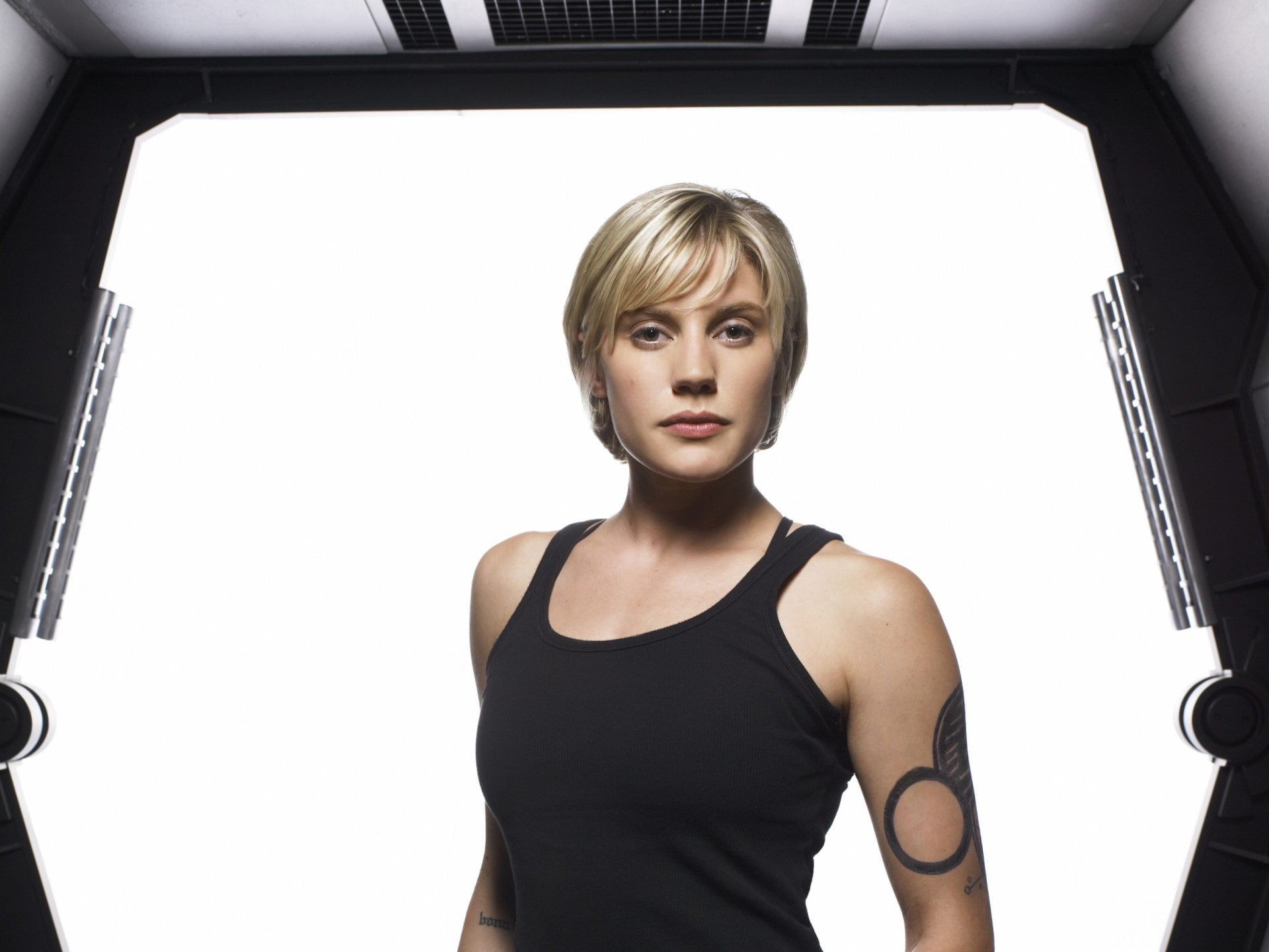 portrait, young women, 1080P, studio shot, tank, blond hair, white background, hair, indoors, young adult, beautiful woman, headshot, Kara Thrace, looking at camera, HD Wallpaper