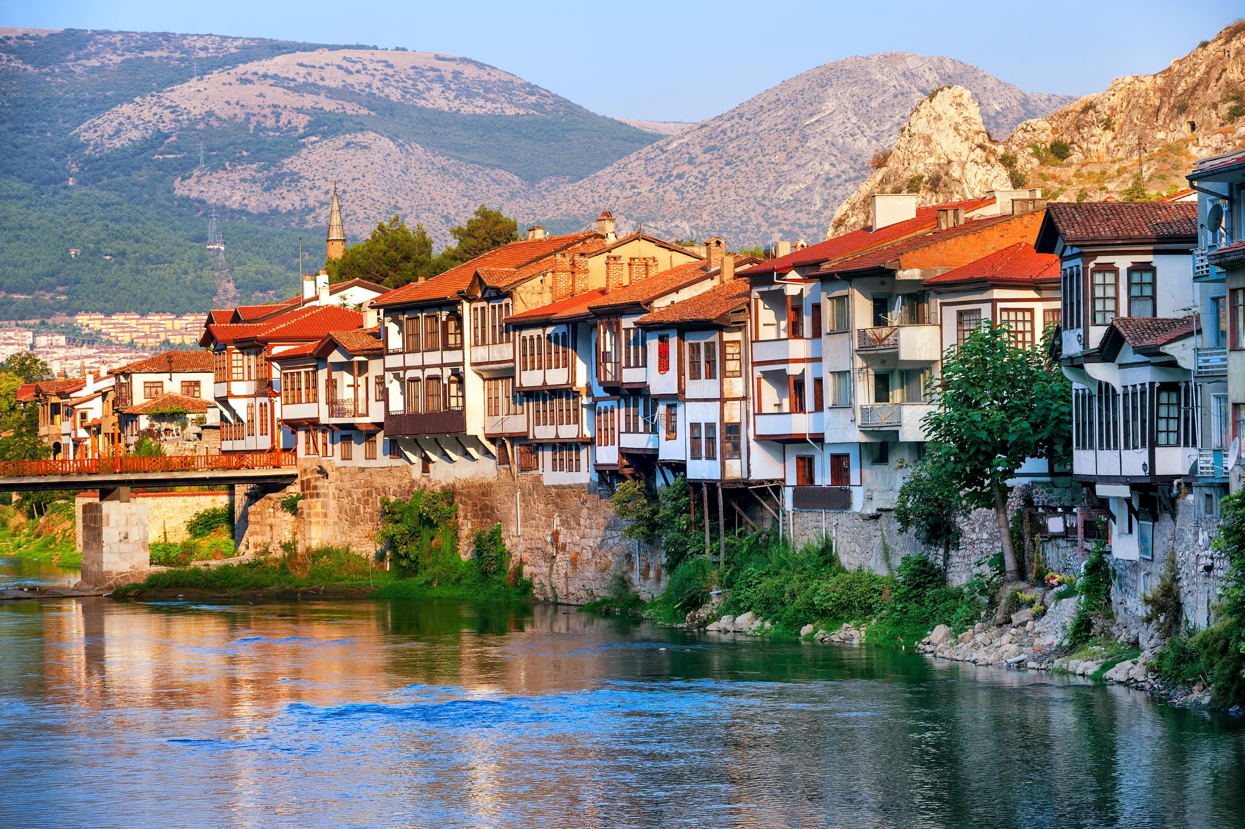 river, Sunny, landscape, bridge, Turkey, Amasya, rocks, mountains, home, Central Anatolia, 4K, HD Wallpaper