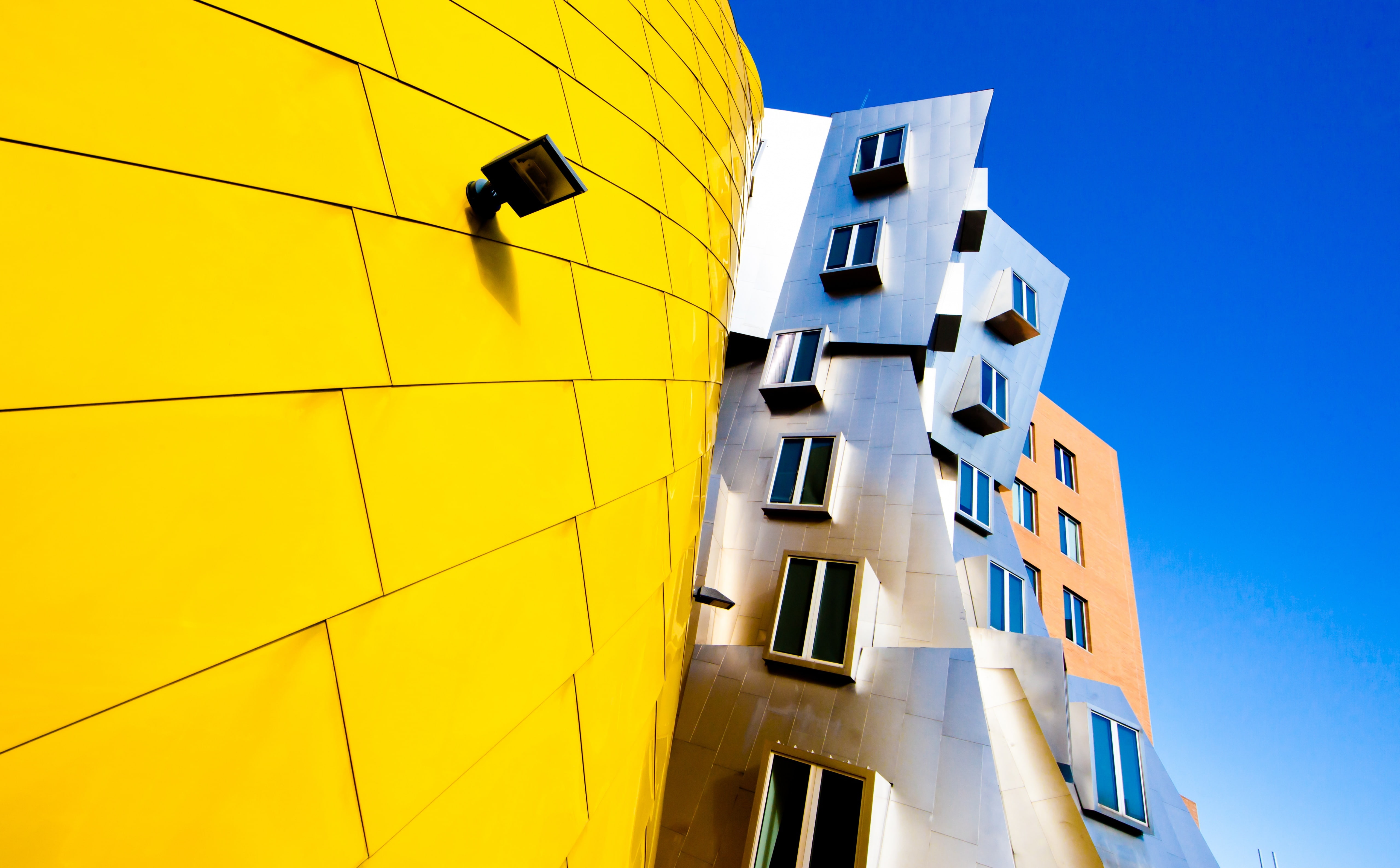 sunlight, yellow, apartment, modern, nature, frank, blue, geometrical, building exterior, 5K, day, directly below, wall - building feature, built structure, HD Wallpaper