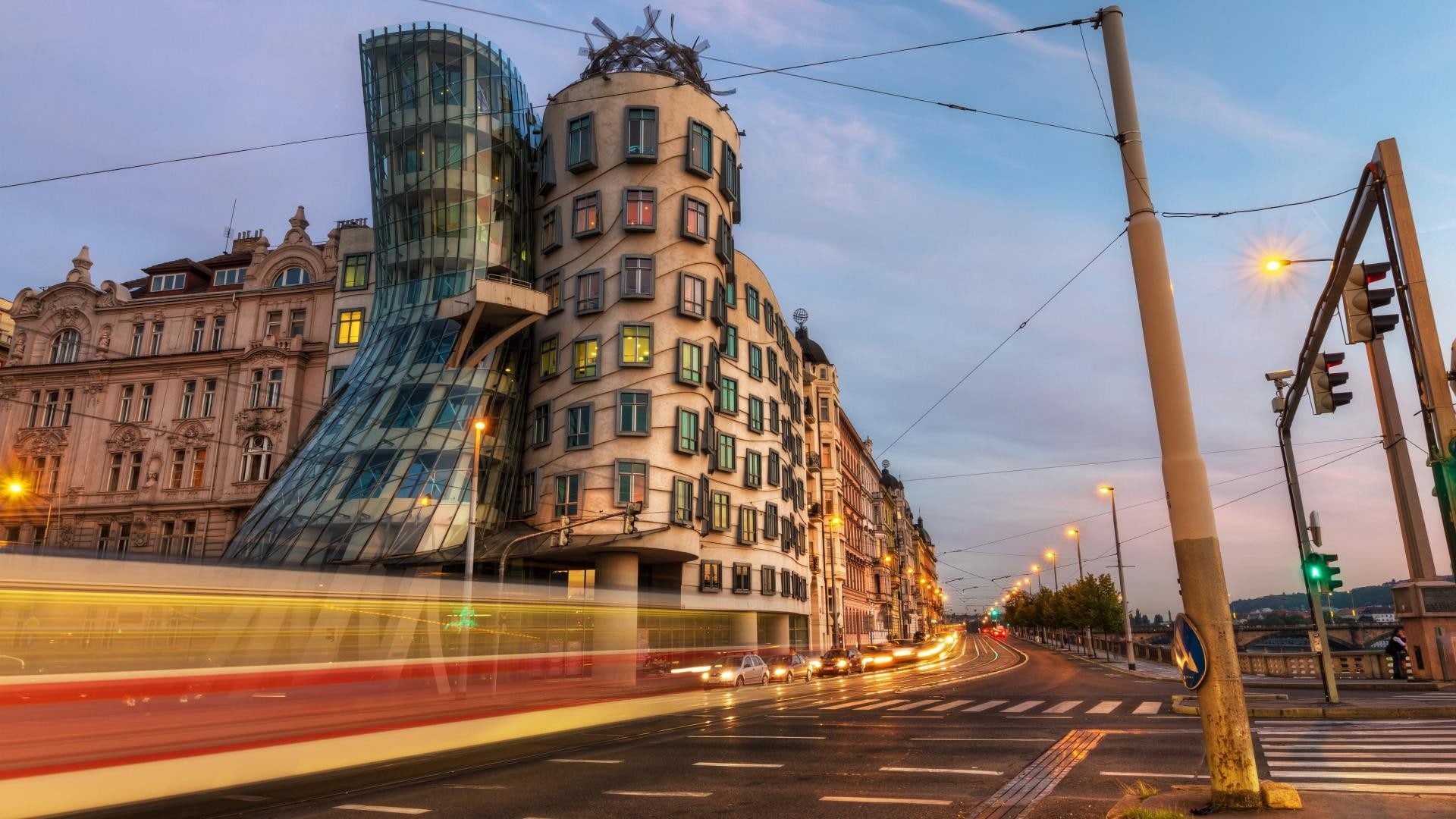 clouds, street, Street Light, architecture, Modern, Czech Republic, road, Old Building, car, Light Trails, dancing, Prague, Capital, building, city, 1080P, HD Wallpaper