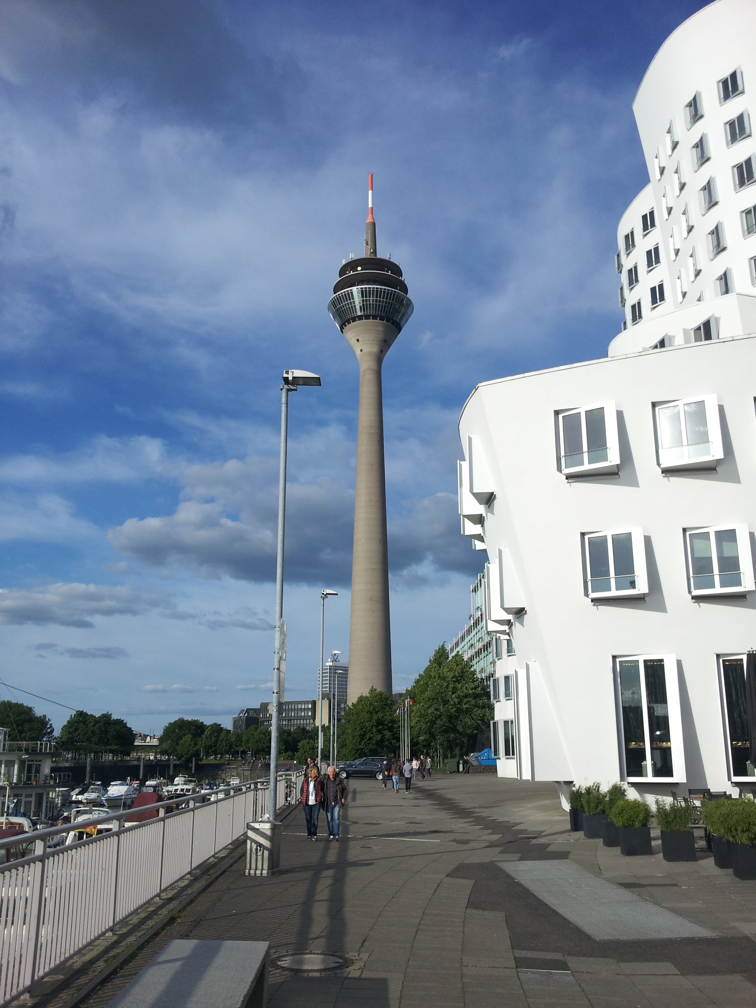 travel destinations, the way forward, cloud - sky, düsseldorf, city, office building exterior, architecture, tower, outdoors, harbour area, germany, 2K, Phone HD Wallpaper