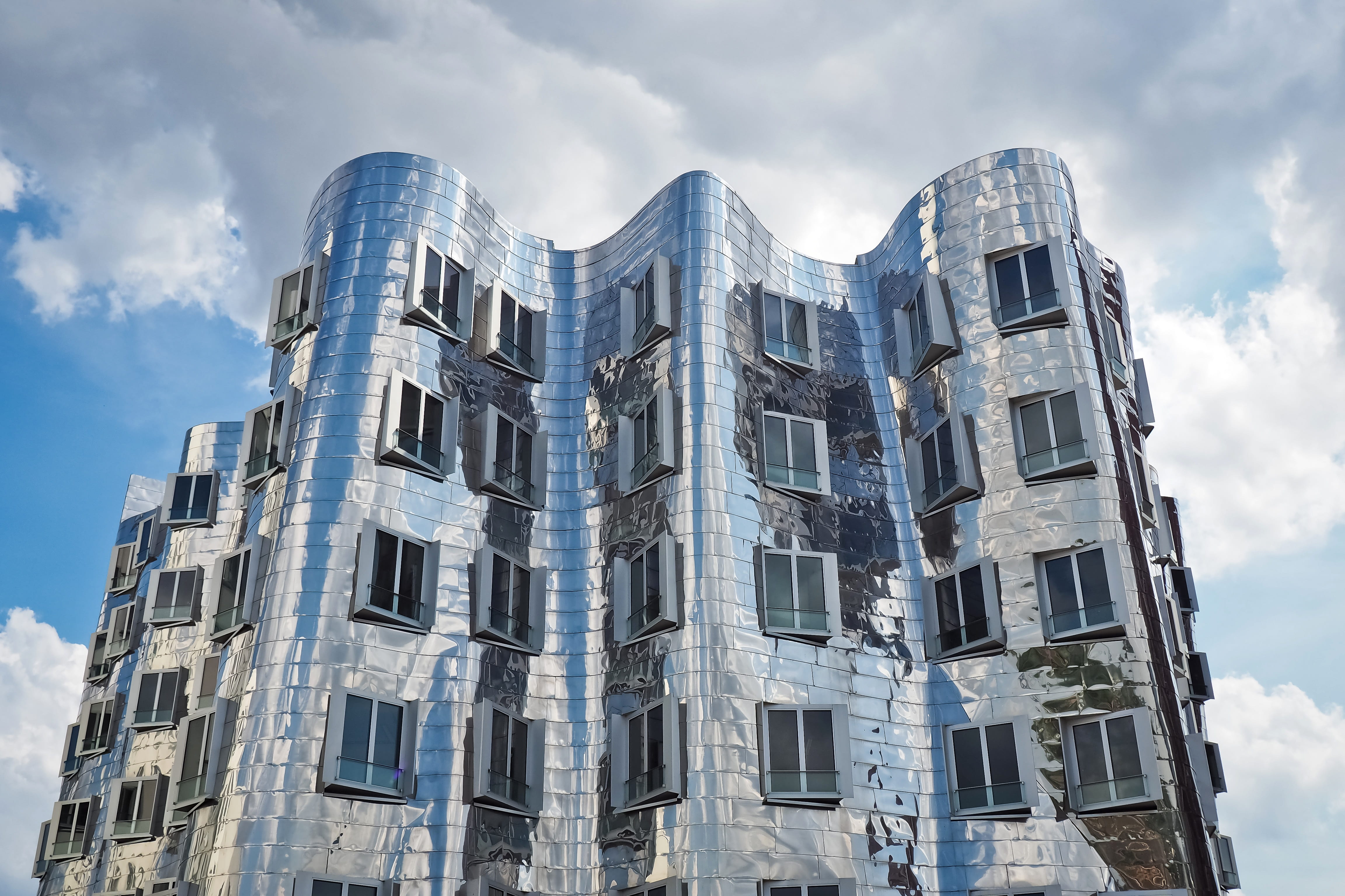 architecture, urban, cloud - sky, lichtspiel, gehry buildings, tall - high, the past, media harbour, modern, travel destinations, glass front, glass facade, HD Wallpaper