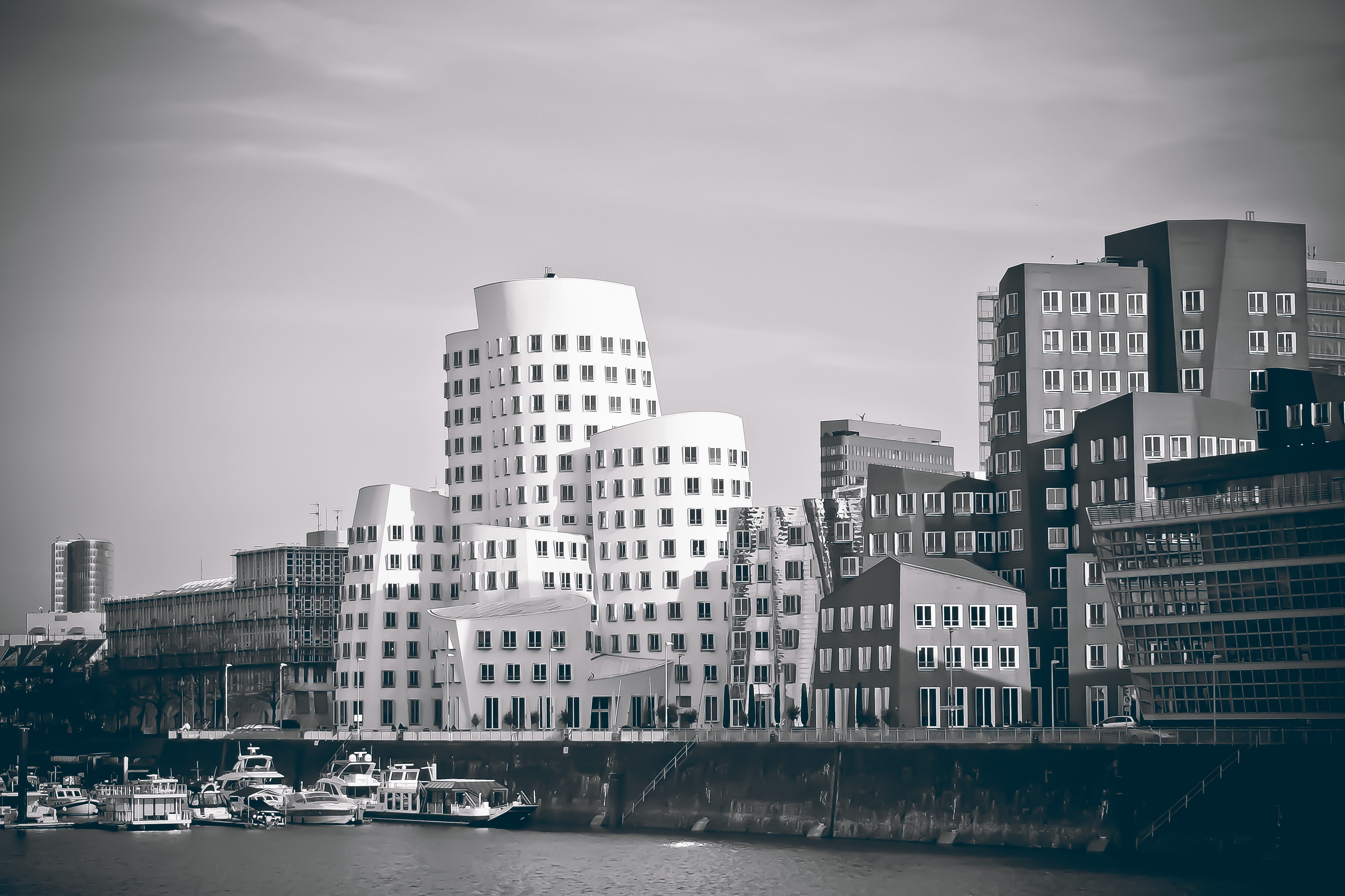 nautical vessel, skyscraper, ship, black and white, boot, building, apartment, urban skyline, sw, web, sky, mode of transportation, nature, black white, HD Wallpaper